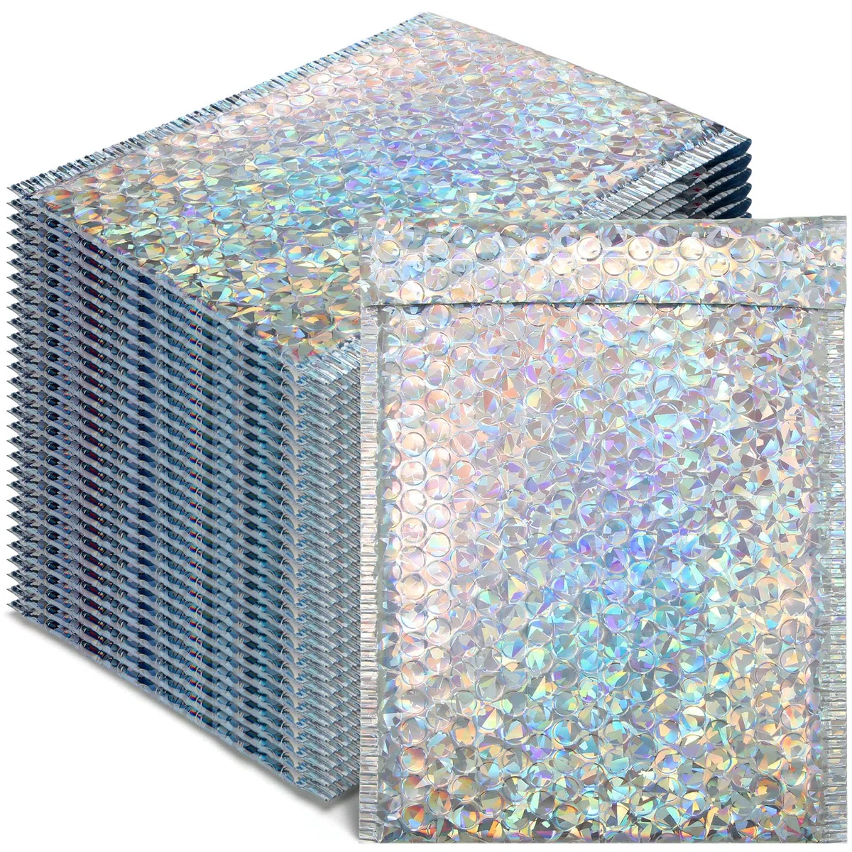Fulmoon 30 sobres holográficos de burbujas de 4 x 8 pulgadas, sobres acolchados holográficos de burbujas, sobres acolchados autosellantes para envío y embalaje (plateado)