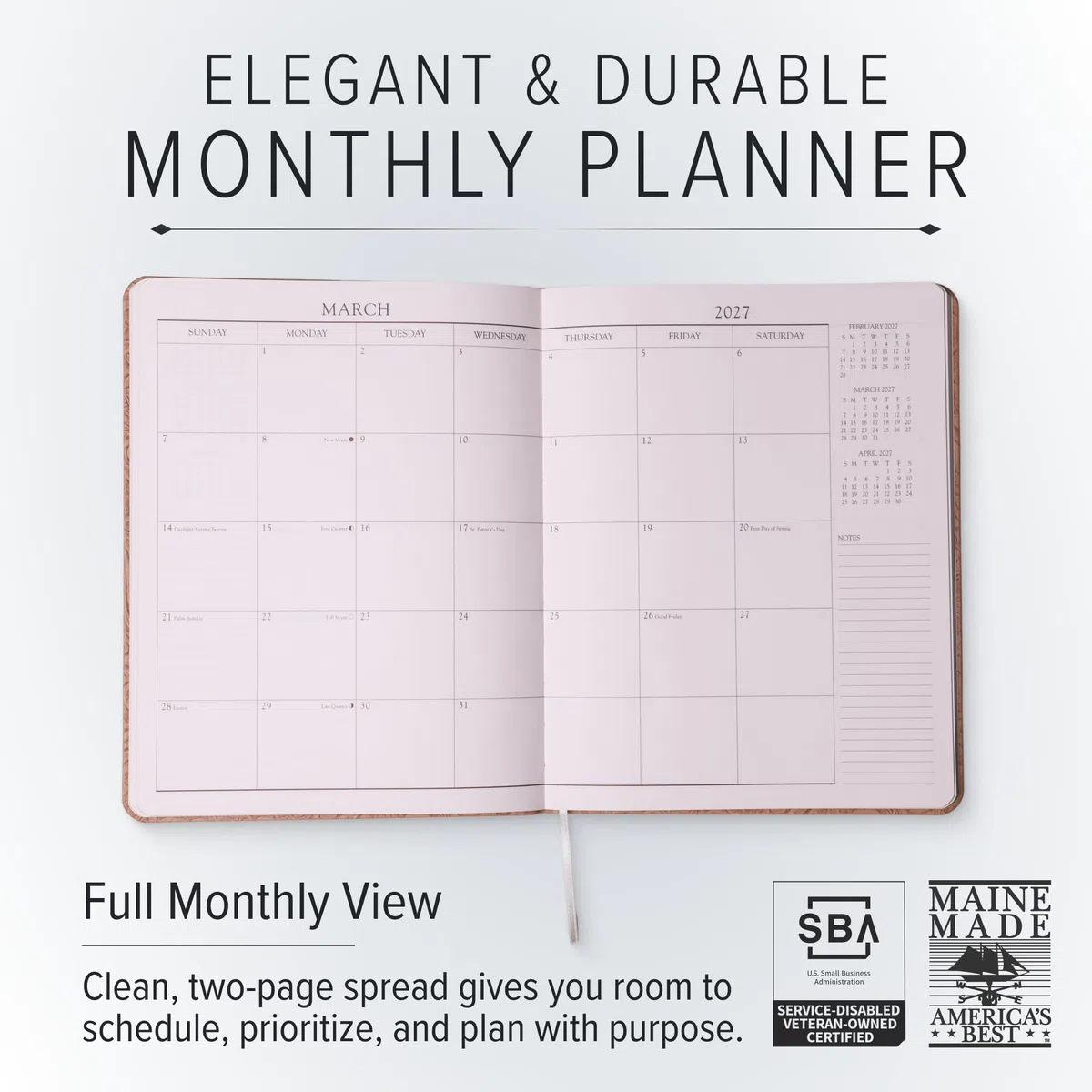 Gallery Leather Agenda mensual grande 2027 Acadia Plum | Elegante agenda y cuaderno con elegantes bordes dorados de página, 18 meses, 24,77 x 19 cm