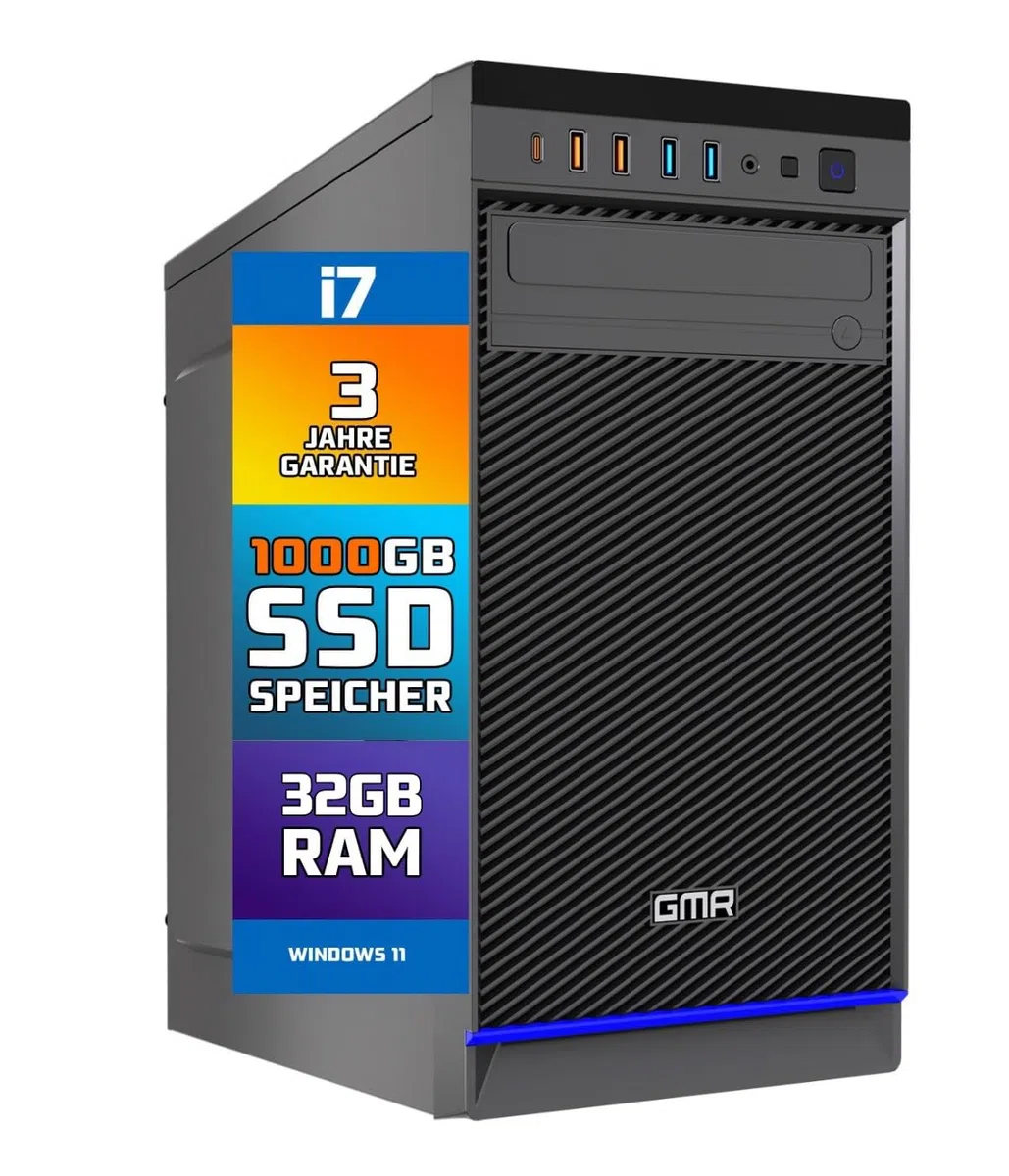 GMR Ultra Desktop PC - Ordenador de sobremesa (Intel i7, Windows 11 Pro, 32 GB de RAM, 1000 GB SSD, USB 3, WiFi, Bluetooth, Office PC con DVD, 3 años de garantía)