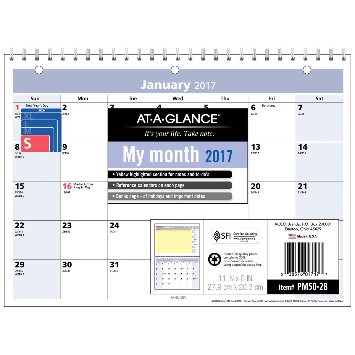 AT-A-GLANCE calendario de pared mensual escritorio/2017, QuickNotes, 11 x 8, de espiral doble (PM50 – 28)