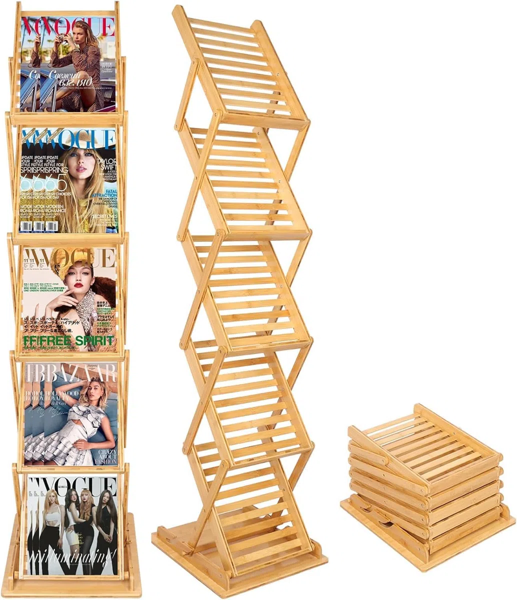 Expositor Plegable para Folletos，Revistero Plegable, Catálogo de Bambú, Estante de Literatura, Revistero con 5 Bolsillos para Casa, Oficina, Feria de Muestras，Expositores de Pie