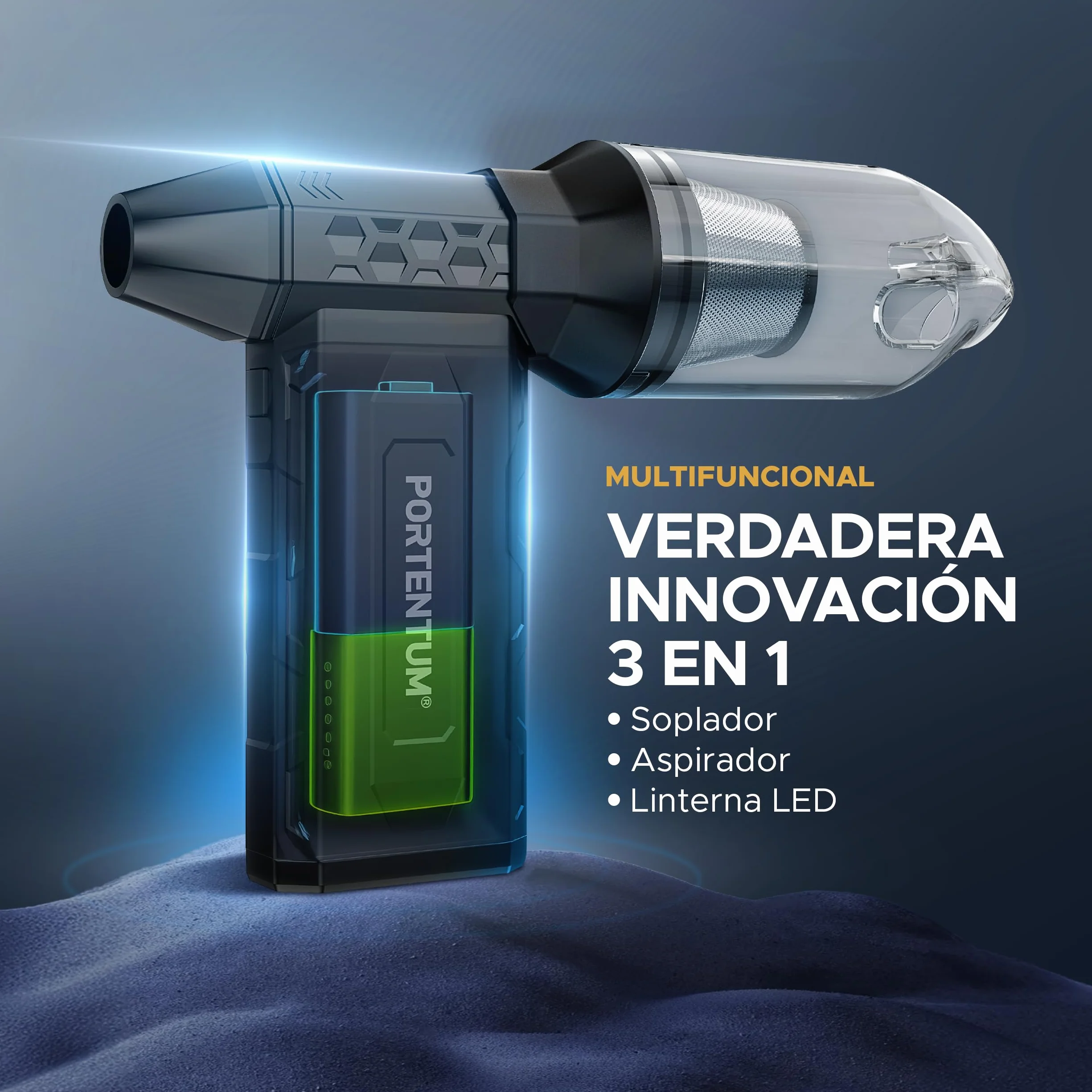 PORTENTUM 3 en 1 Soplador de aire potente 180 km/h – Aspirador coche potente 25 kPa – Linterna LED doble – Set de 25 que incluye 6 boquillas y 13 cepillos – Pistola aire comprimido hasta 115 min