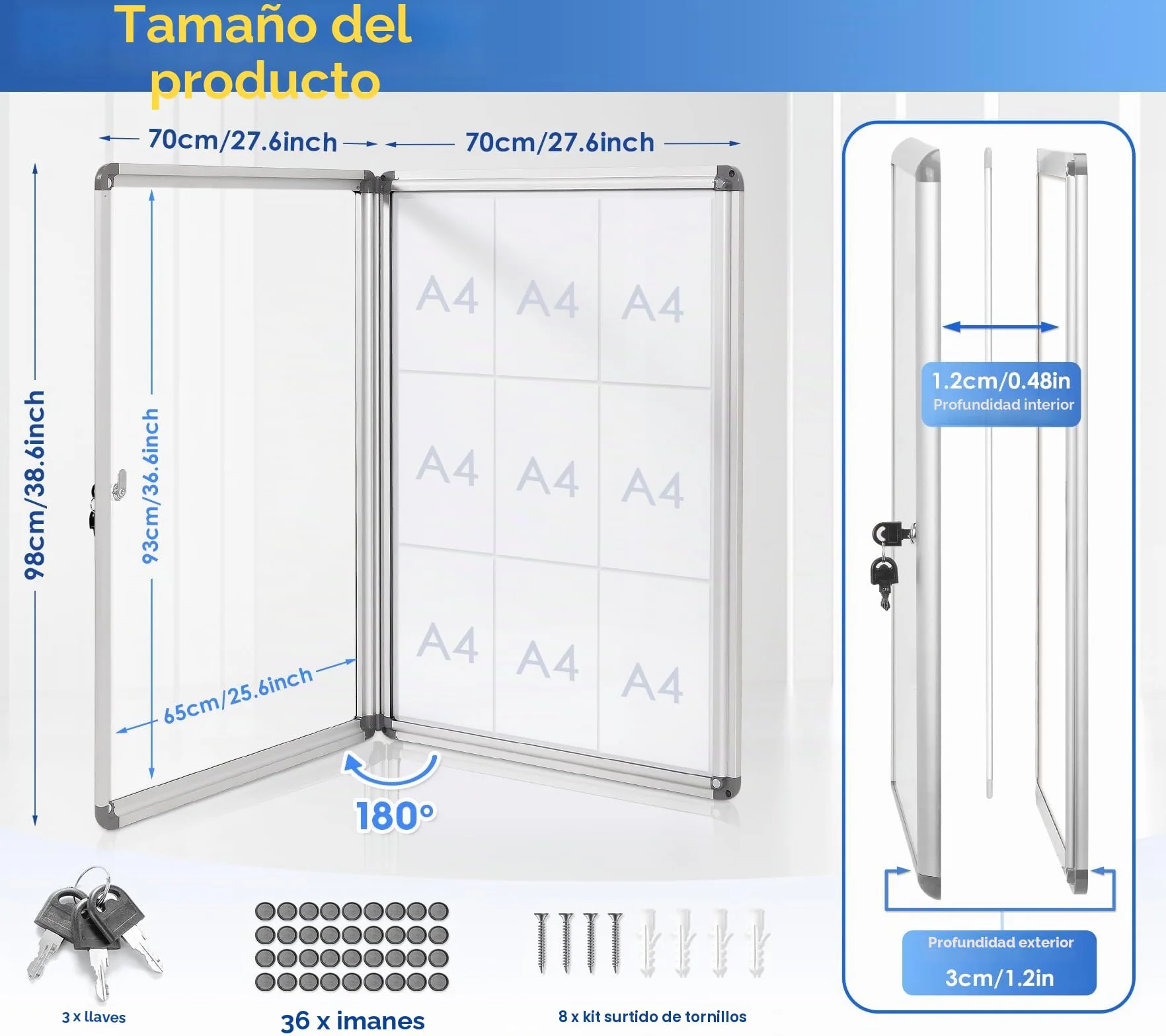 SwanSea Tablón de Anuncios Blanco con cerradura Tablón de anuncios con con llave con bisagras para interiores en aluminio,98x72 cm (9xA4)