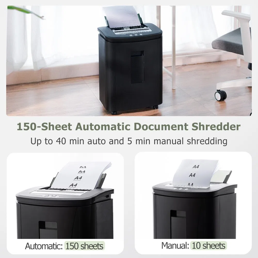 Trituradora de Papel Profesional: 150 Hojas Microcorte P-4 40 Mins Continuos Destructora Documentos Eléctrica Papelera 25L Silenciosa para Casa Oficina Educativos Hospitales Empresa