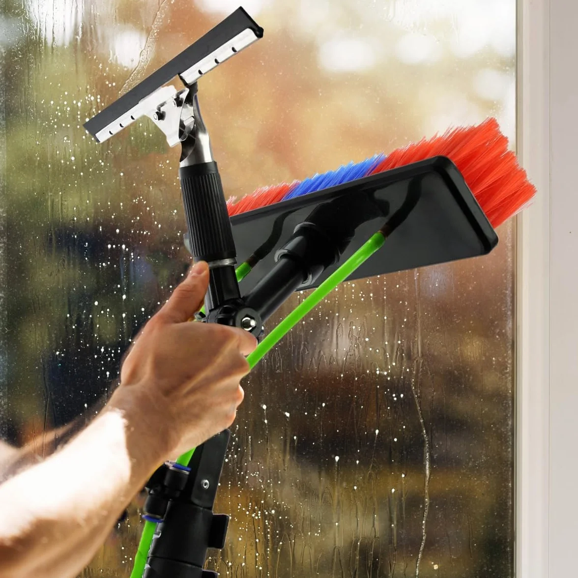 Pértiga Telescópica Limpieza Cristales Longitud Extensible 2.15-7.35m Kit Herramienta Limpieza Ventanas Coches Manguera Limpiacristales Profesional Comercial Riego Alta Presión con Accesorios Gratis
