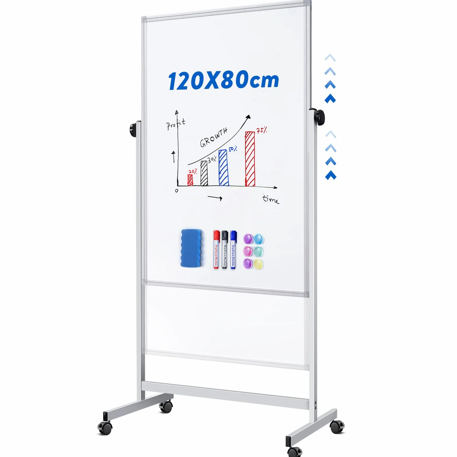 maxtek - Pizarra blanca móvil ajustable en altura, 120 x 80 cm, pizarra blanca magnética de doble cara con soporte, pizarra blanca de borrado en seco para oficina, aula y hogar