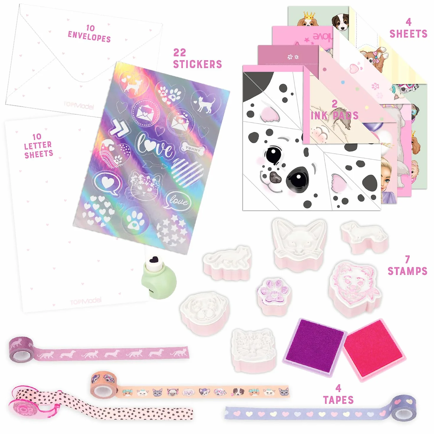 Depesche 12881 TOPModel Kitty and Doggy - Set de Letras a Mano en diseño de Perros y Gatos, Incluye Papel de Carta, Sobres, Pegatinas, Sello UVM.