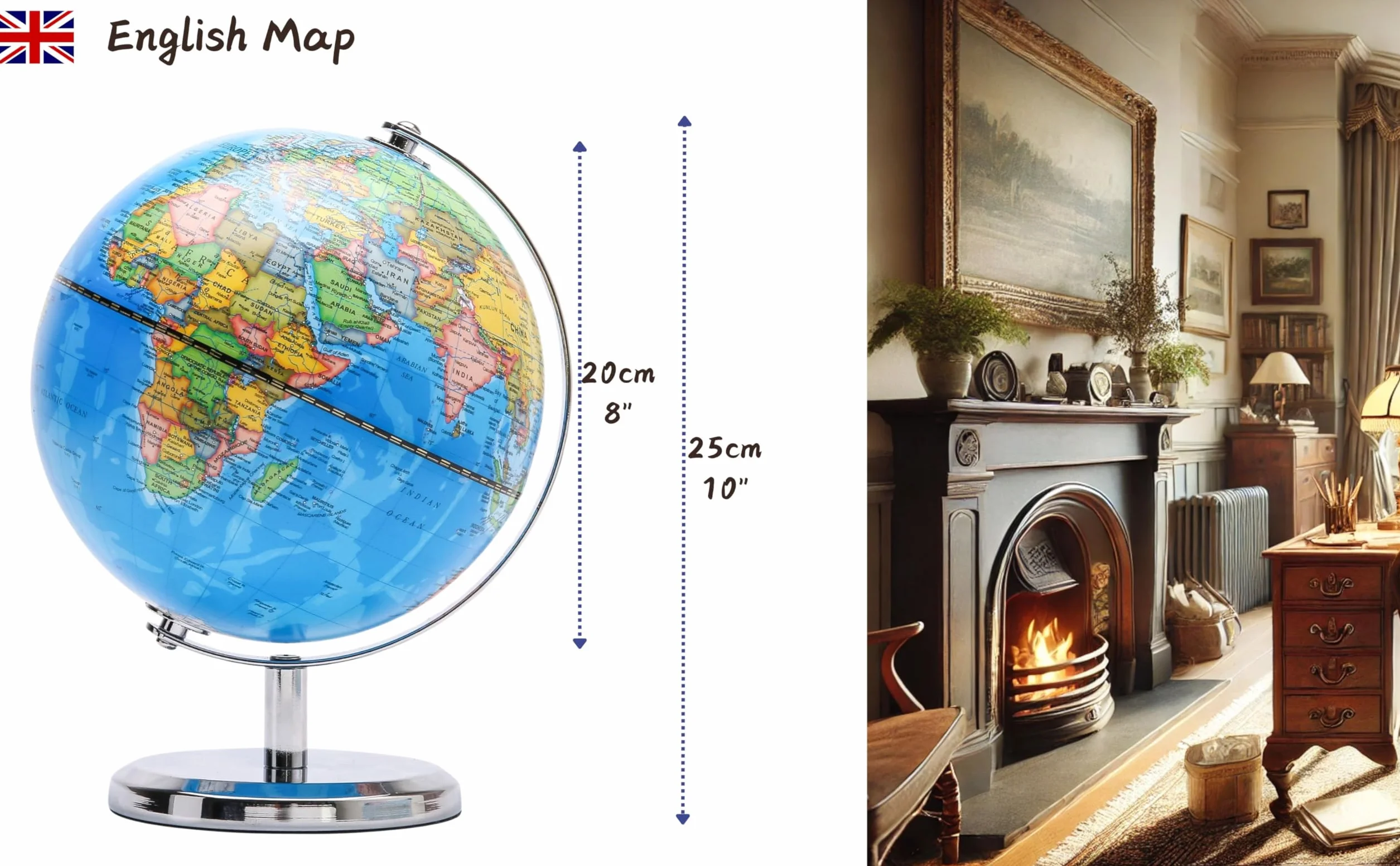 Exerz Globo Terráqueo 20cm - Mapa Político en Inglés - Decoración Educativa y Moderna para Escritorio - Base de Metal (Azul)