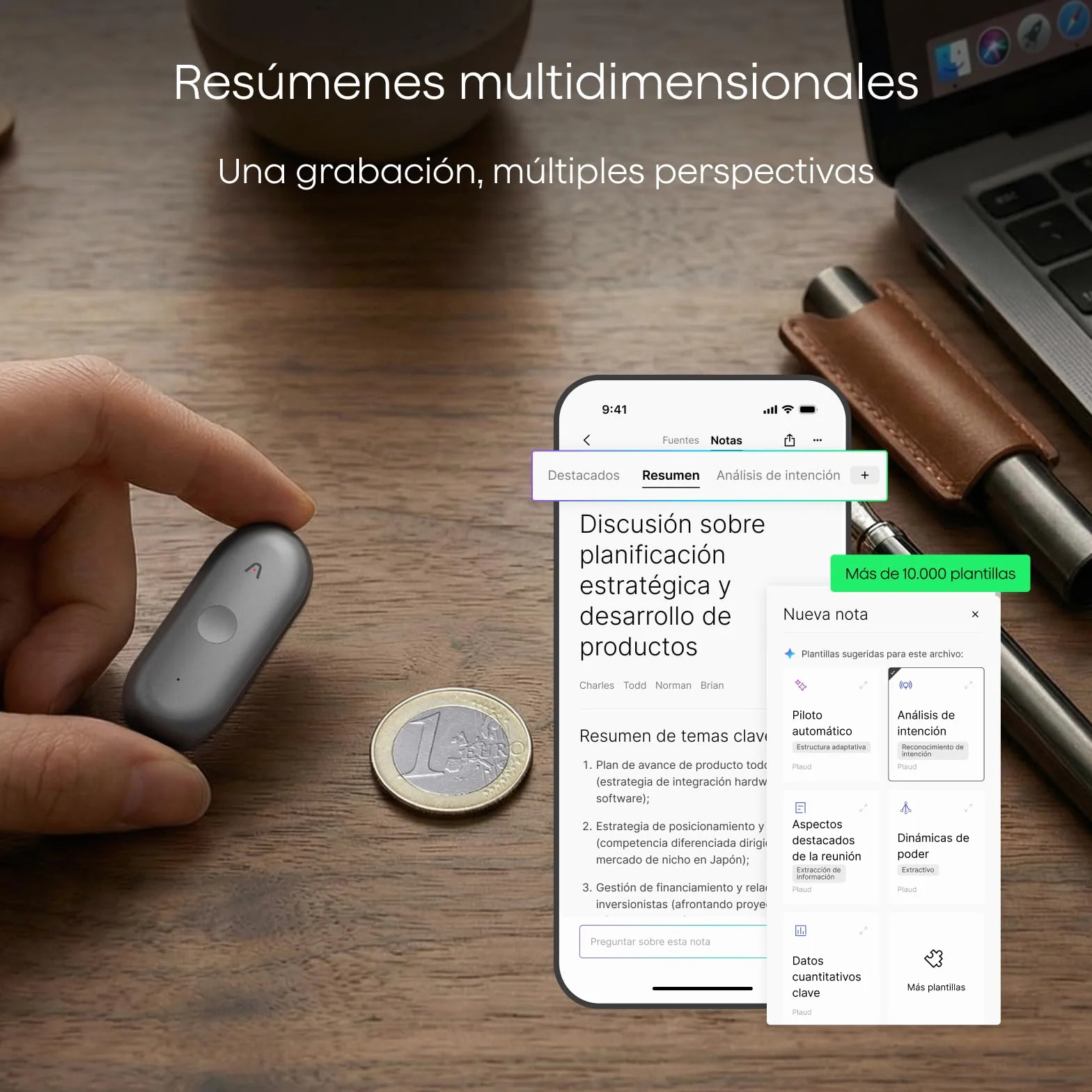 Plaud NotePin S Grabadora de Voz IA con Transcripción y Resúmenes para Reuniones