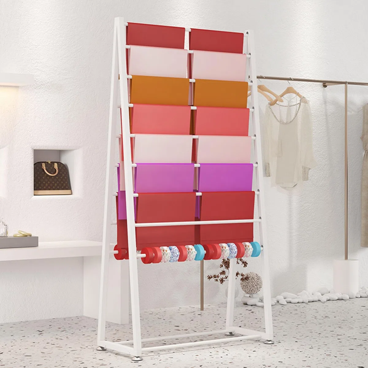 Soporte para papel de seda, soporte de exhibición de piso para minoristas, floristas, tienda de regalos, sala de manualidades, barra desmontable para un fácil acceso, organizador de papel de envoltura
