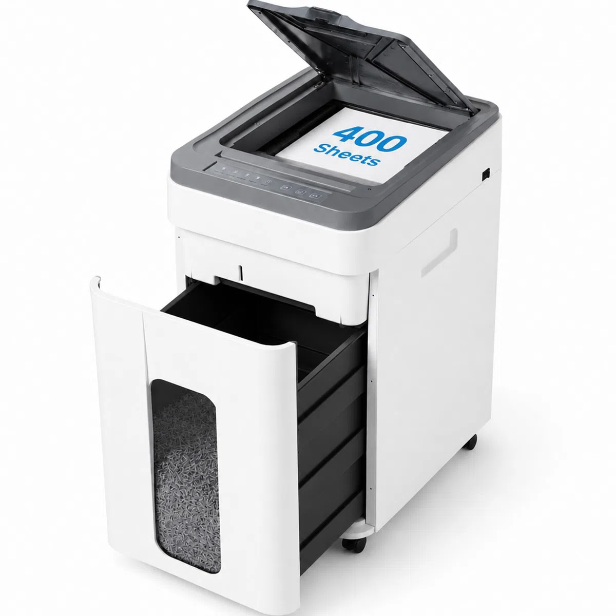 400 Hojas Trituradora De Papel: Destructora De Papel P5 Microcorte 50L - 8 Hojas Manual 30 Min para Home Office/Oficina con Tarjetas/Grapas para Hogar/Pequeños Equipos Blanco/Gris