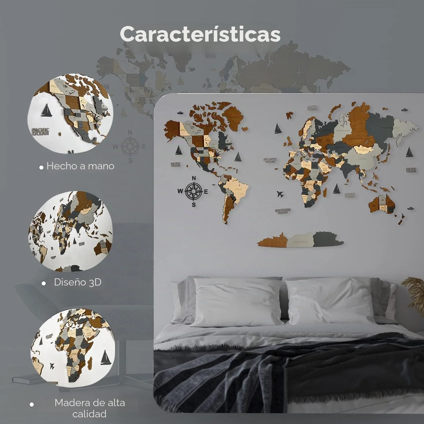 WoodLeo Mapa del mundo de madera 3D Art Decoración de Pared Grande - Talla (M, L, XL) Idea de Regalo para Cualquier Ocasión - Arte de Pared para Casa, Cocina u Oficina