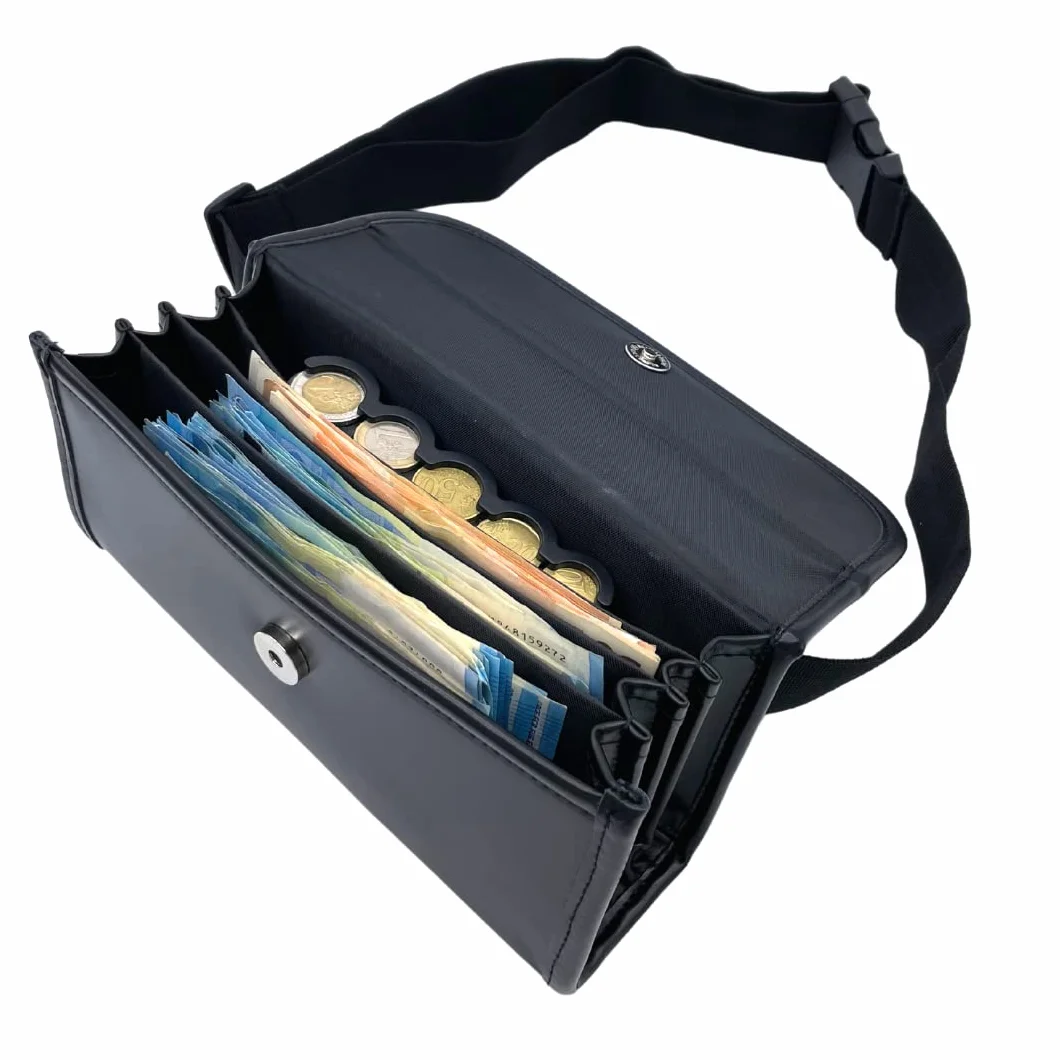 Bolso de Camarero Profesional, Monedero de Camarero, Incl. Cambiador de Monedas para Euros y cinturón de Transporte de 23x11x7cm, Negro