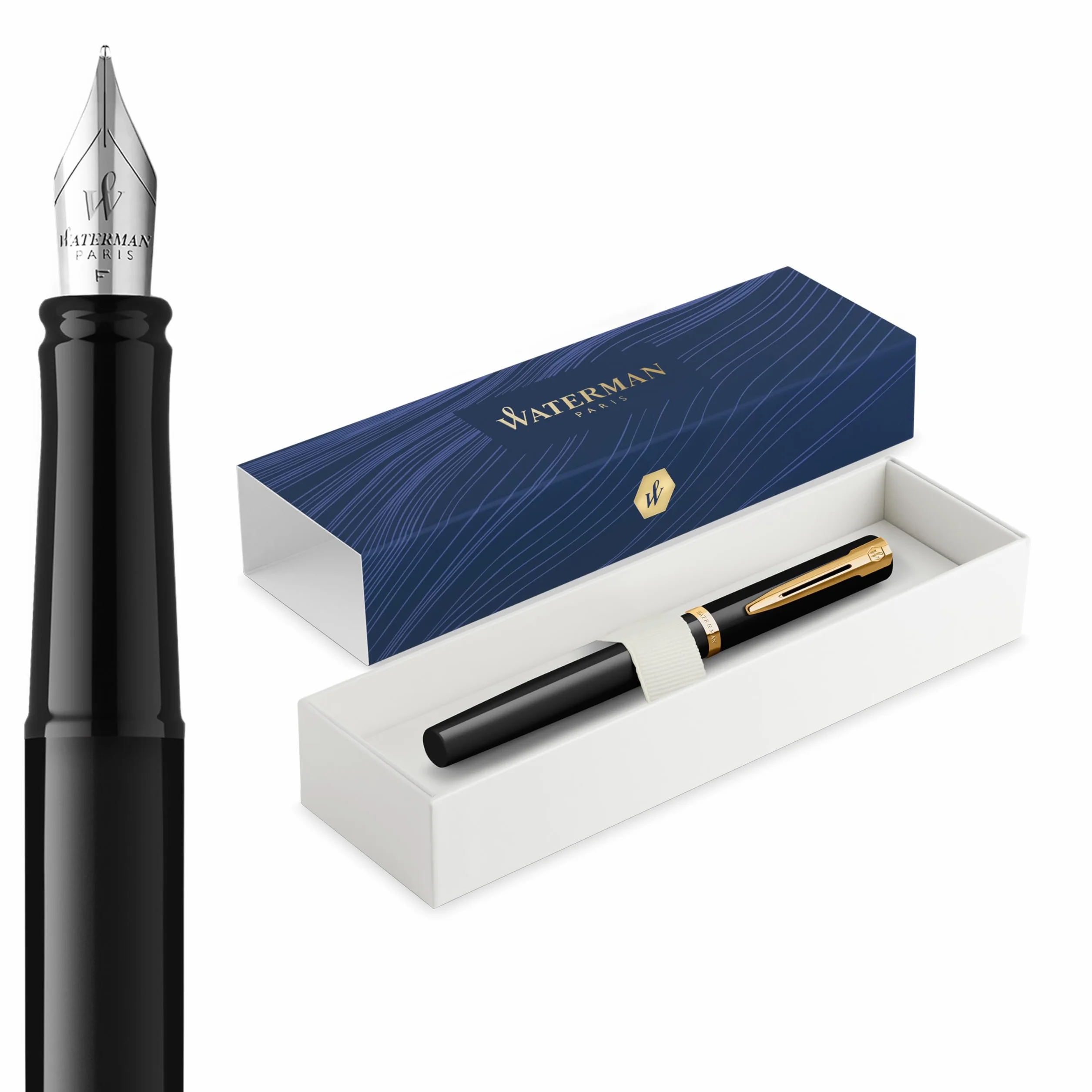 Waterman Impression Pluma estilográfica | Plumín medio con recarga de tinta azul | Laca negra con adornos chapados en oro | Caja de regalo