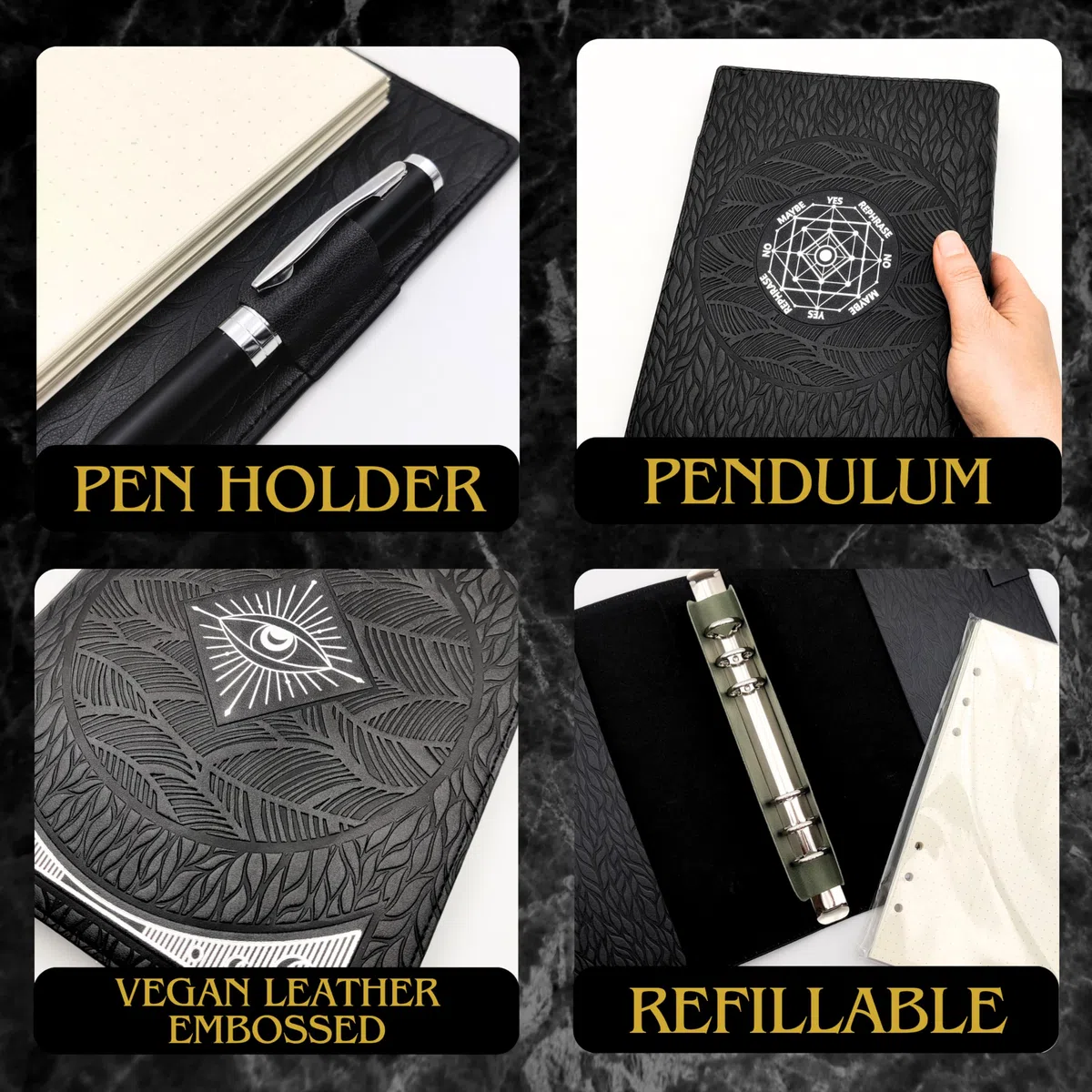La Muci Diario de cuero vegano en relieve negro con péndulo, cuaderno vintage A5 recargable, 60 páginas de puntos, bolsillo, tarot y diario de viaje para mujeres y hombres, cuaderno con soporte para