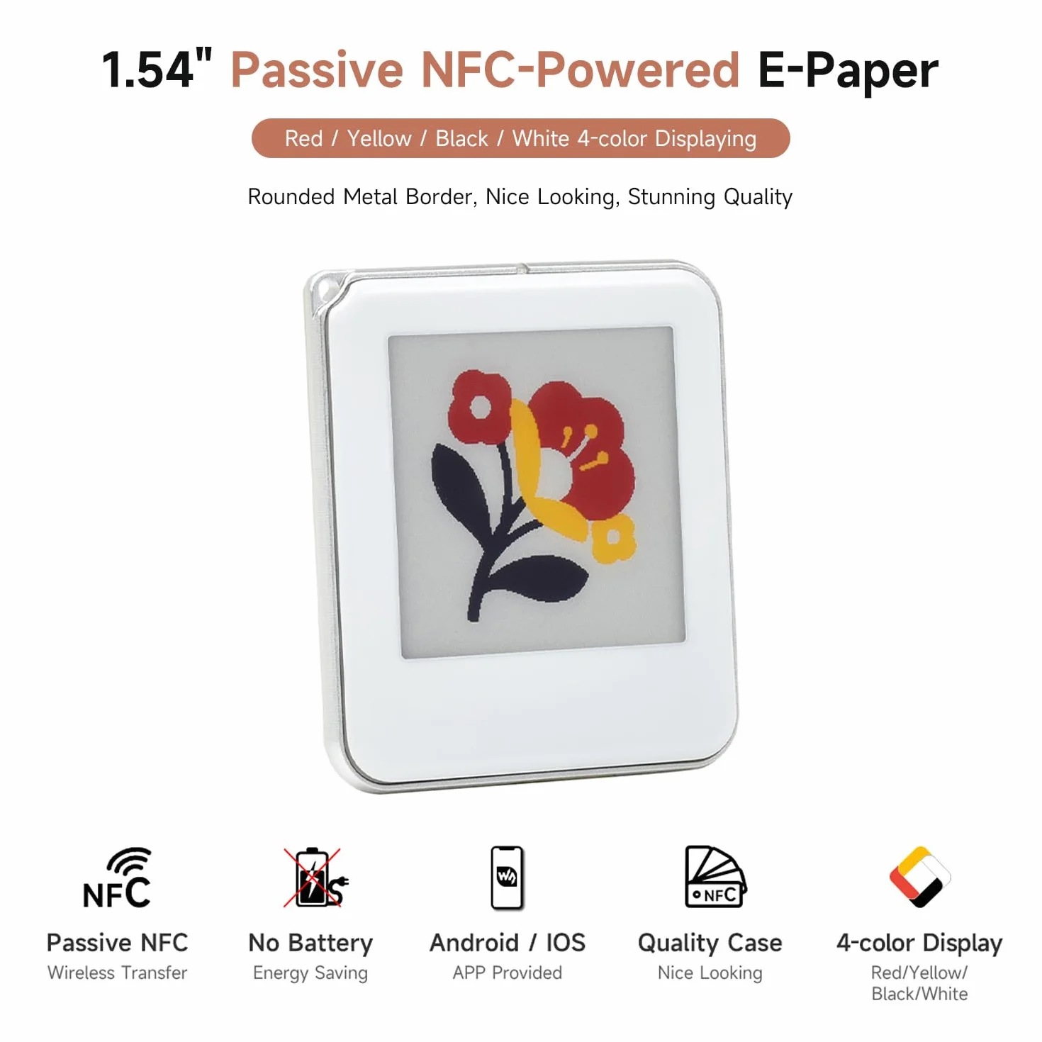 Waveshare 1.54inch Passive NFC-Powered E-Paper (G), Red/Yellow/Black/White 4-Color Displaying, No Battery, Wireless Powering & Data Transfer, Silver Metal Border