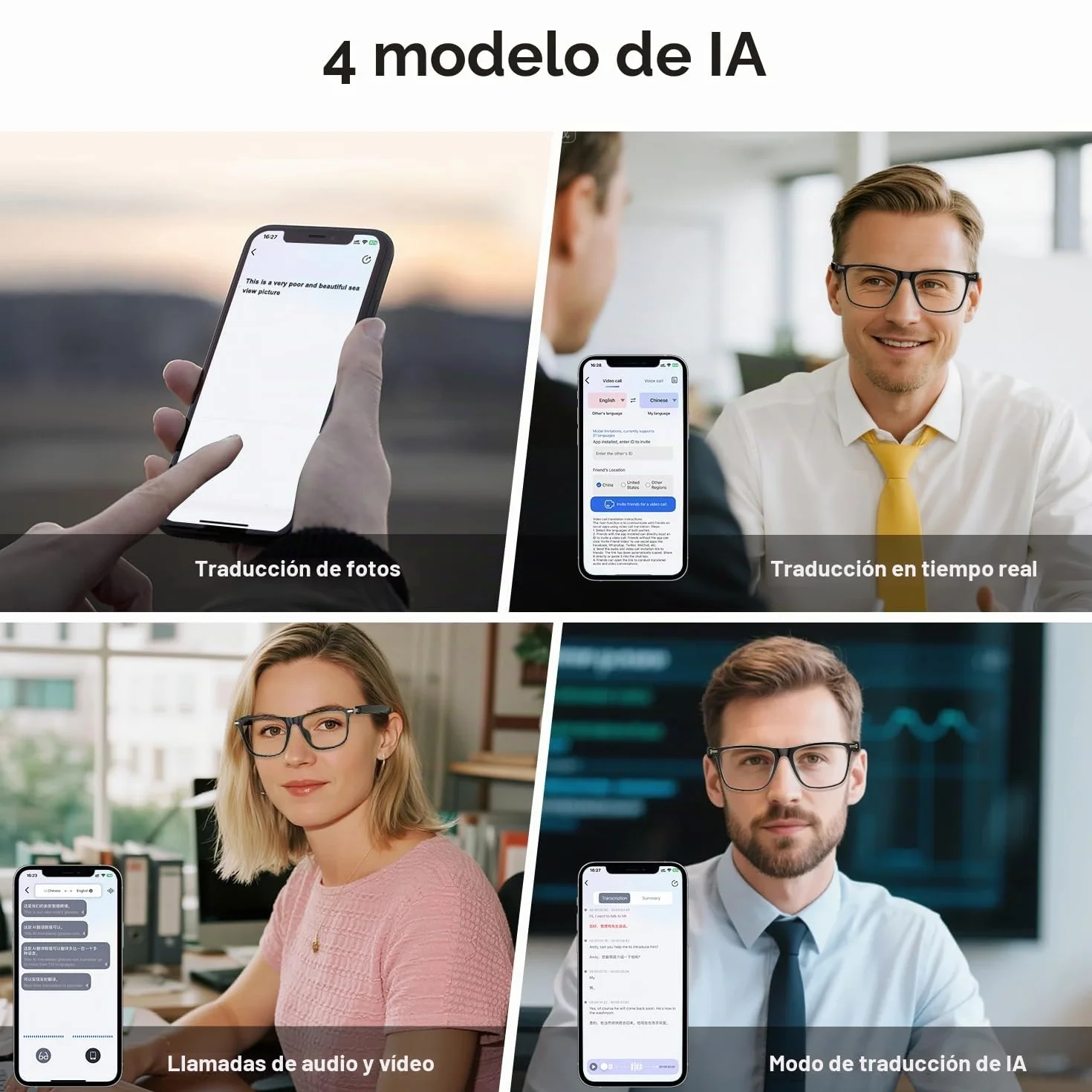 Gafas Inteligentes Bluetooth AI con más de 160 Idiomas, Lentes Que cambian de Color, Altavoz Integrado y Audio Claro - Gafas de traductor de Voz en Tiempo Real para Viajes, reuniones y Uso