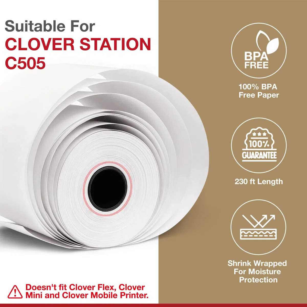 10 rollos de papel de recibo de trébol de 3 1/8 pulgadas x 230 pies, sin BPA, rollos de papel térmico para impresora Clover POS Station P100, P500, P550