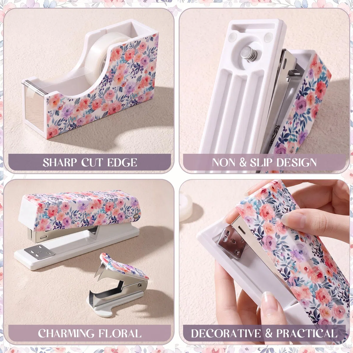 Eaasty Juego de grapadora floral y dispensador de cinta, bonito juego de suministros de oficina con 2 rollos de cinta, removedor de grapas y 1000 grapas 24/6, accesorios de escritorio para profesores