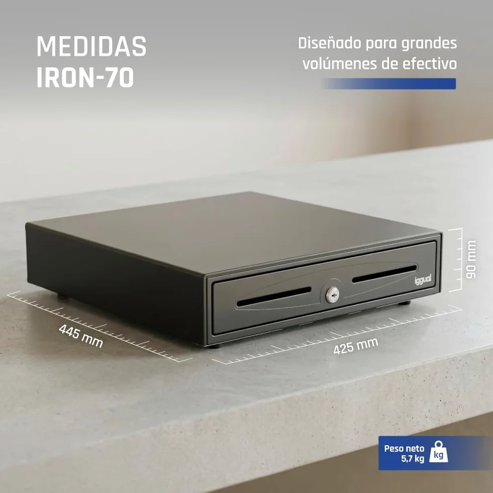 iggual - Cajón Portamonedas IRON-70 -Caja Efectivo Registradora Manual o Automática para 5 Billetes y 8 Moneda -Cerradura 3 Posiciones -Material Acero+Plástico -Uso profesional -Negro (44,5x42,5x 9)