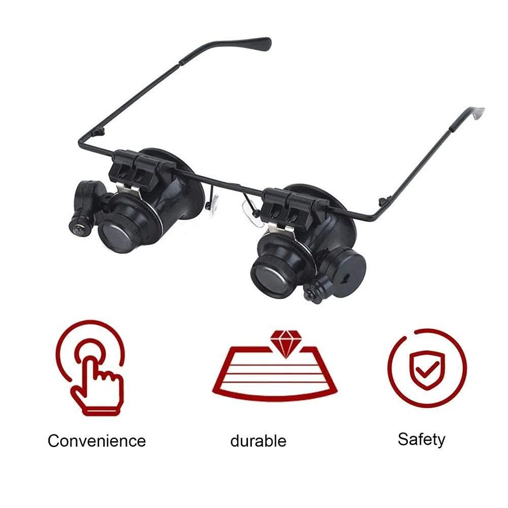 Lupa de reparación montada en la Cabeza, Lupa de Diadema para Gafas con luz LED, Lupa de 20 aumentos para relojero, joyero, Lupa de Lentes ópticas para Lectura/observación/repa,