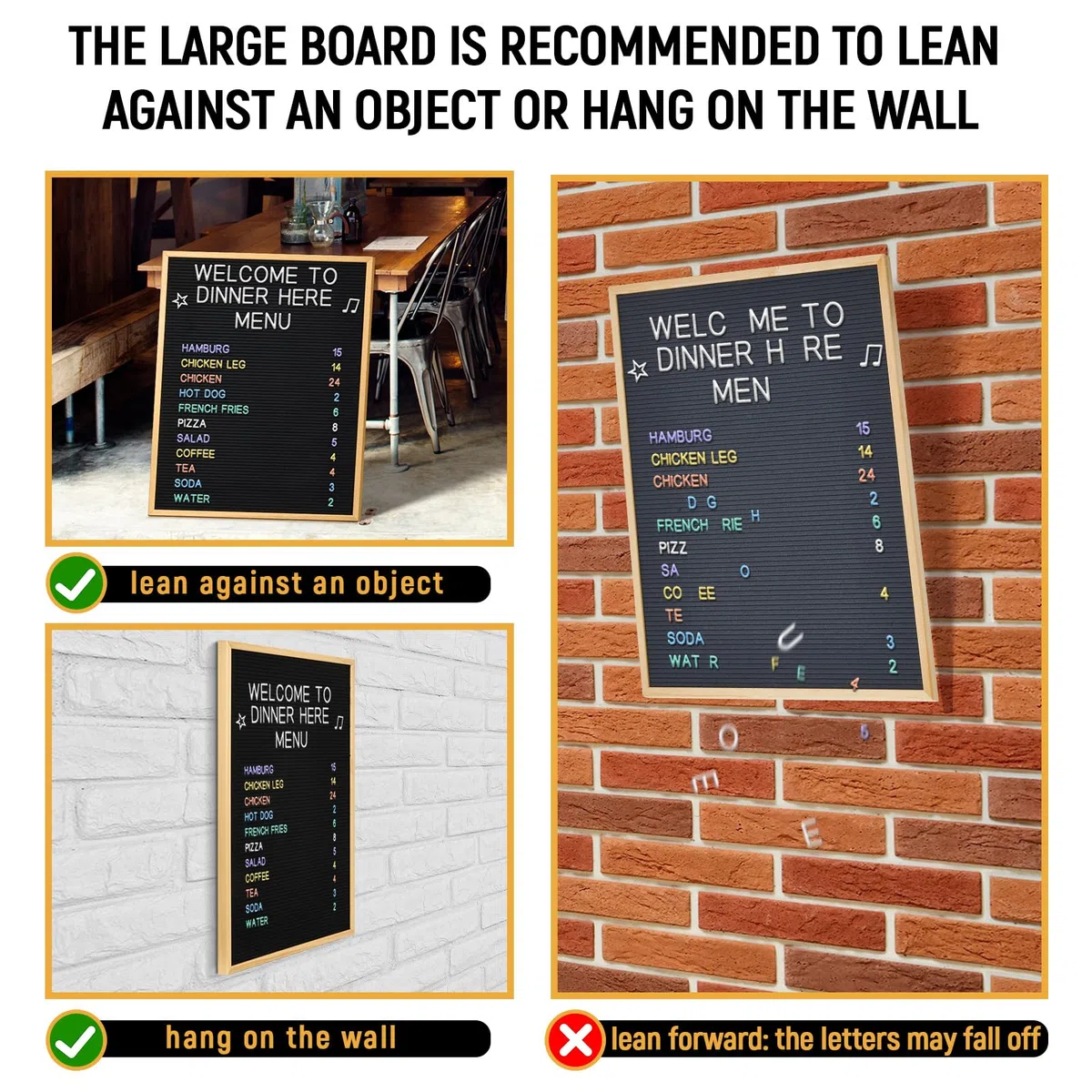 BBTO Letrero grande de fieltro de 24 x 30 pulgadas, tablero de letras intercambiable con cajas, menú de fieltro grande para anuncios de restaurantes, menús de restaurante