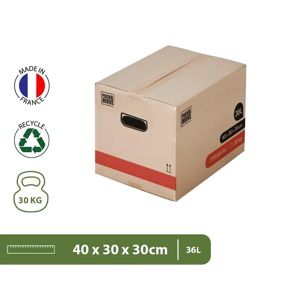 Pack and Move – Lote de 60 cajas para mover libros premium – 40 x 30 x 30 cm – Extrema resistencia 30 kg – Asas reforzadas – 3 adhesivos