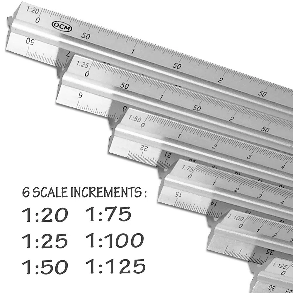 Regla de escala de ingeniero triangular métrica (aluminio sólido de grado profesional) 30 centímetros de ingeniería métrica, regla de dibujo mecánico arquitectónico, 1:20, 1:25, 1:50, 1:75