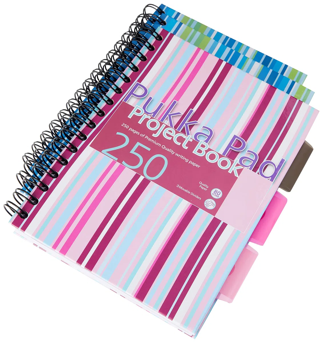 Pukka Pad - Cuaderno de espiral doble de tapa dura (3 unidades, A5, 250 hojas microperforadas, 80 g/m², raya de 8 mm, incluye separadores), diseño de rayas, color rosa y azul, azul y verde (surtido)