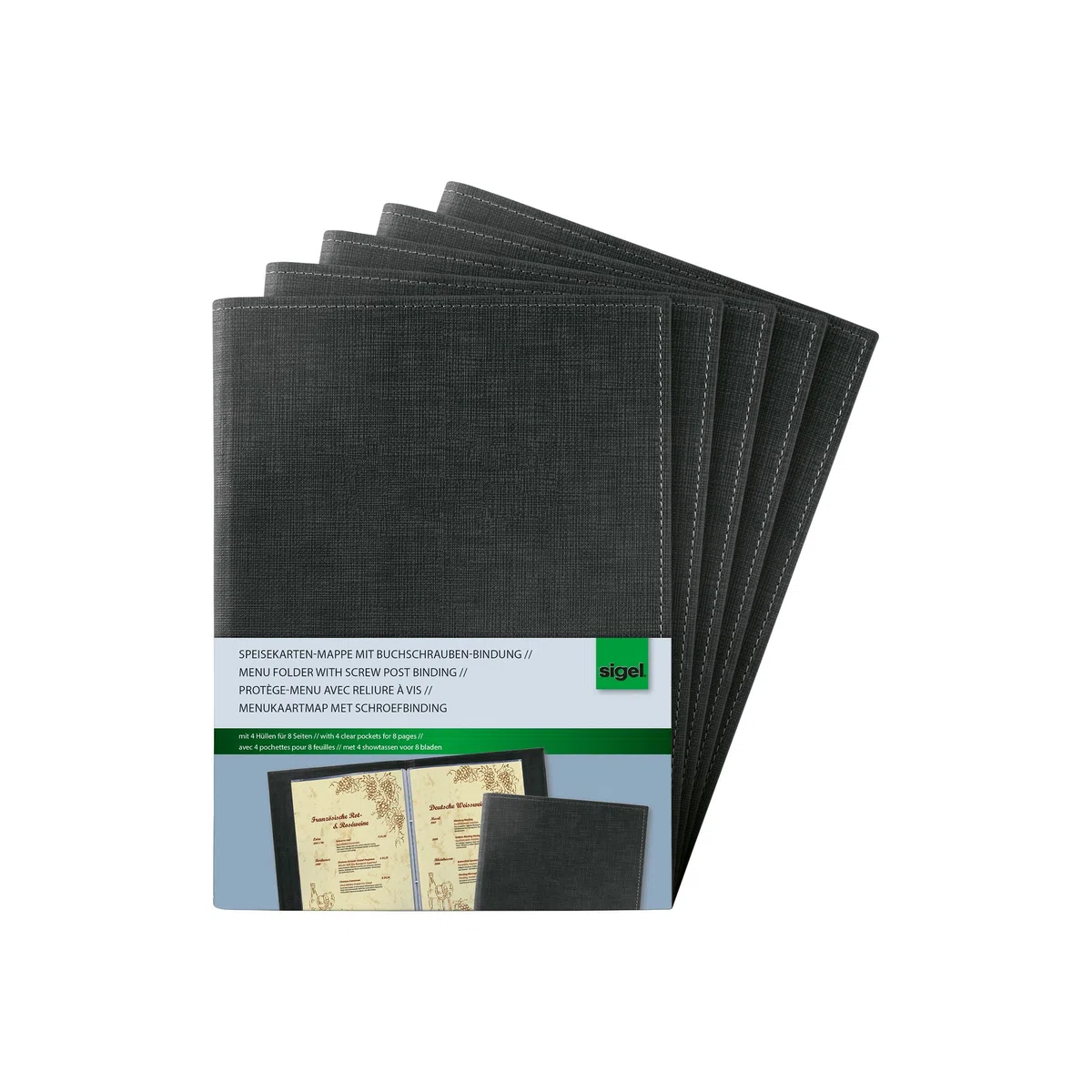 SIGEL SM135 Cubierta para carta con fijación tornillos de sujeción, para A5, 5 unds. | SM135 - Encuadernación de rosca, piel sintética con aspecto de lino, color negro
