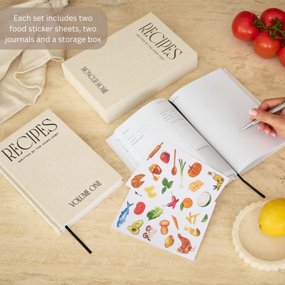 Moncur Home Juego de 2 libros de recetas en blanco para escribir en tus propias recetas, caja de recetas de lino beige, hojas adhesivas, cuaderno de recetas, libro de cocina, diario de recetas,