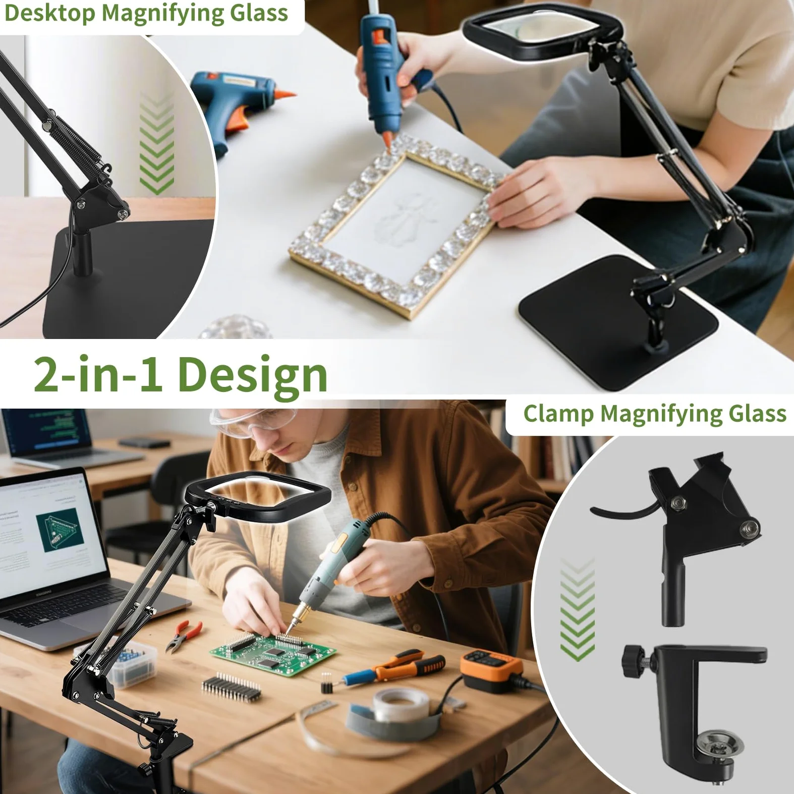 GABORISH 10 x 30 lupa de mesa con luz y soporte, lupa rectangular con 60 LED, 5 modos de color y regulable lupa de pie libre con luz, 2 en 1 lupa con abrazadera y base delantera