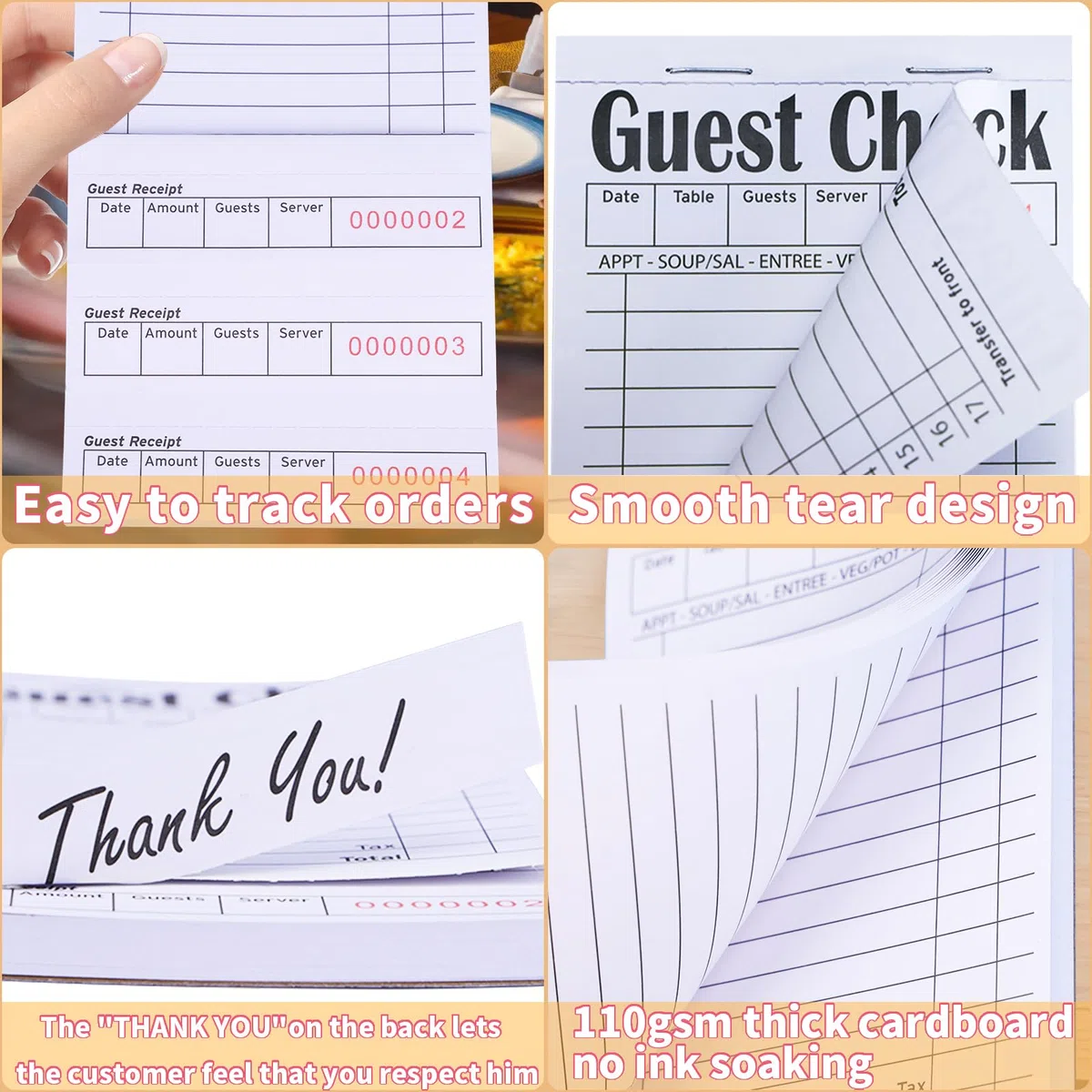 Chequeras de invitados para servidores, blocs de notas, chequera de camarera, bloc de notas de camarera para restaurantes, cheques de papel, 50 hojas/paquete, total de 300 boletos (blanco)