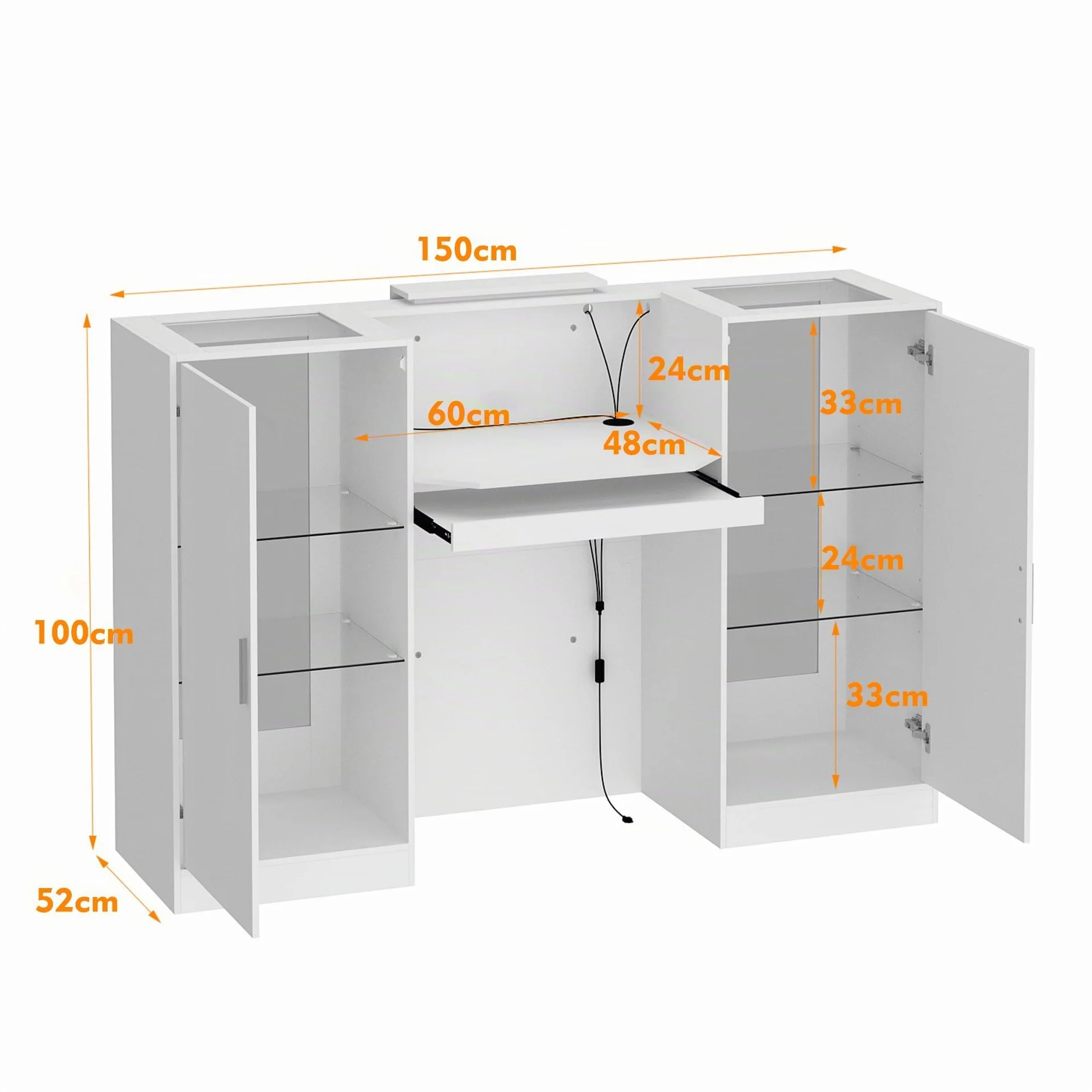 Mesa de recepción blanca con barra de luz, 2 armarios y 1 cajón de teclado, 150 x 52 x 100 cm