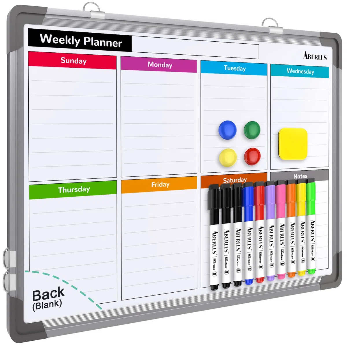 Pizarra blanca con calendario semanal para pared, pizarra de borrado en seco de 16 x 12 pulgadas, pequeña pizarra blanca magnética, pizarra colgante de doble cara para oficina, escuela, hogar, cocina
