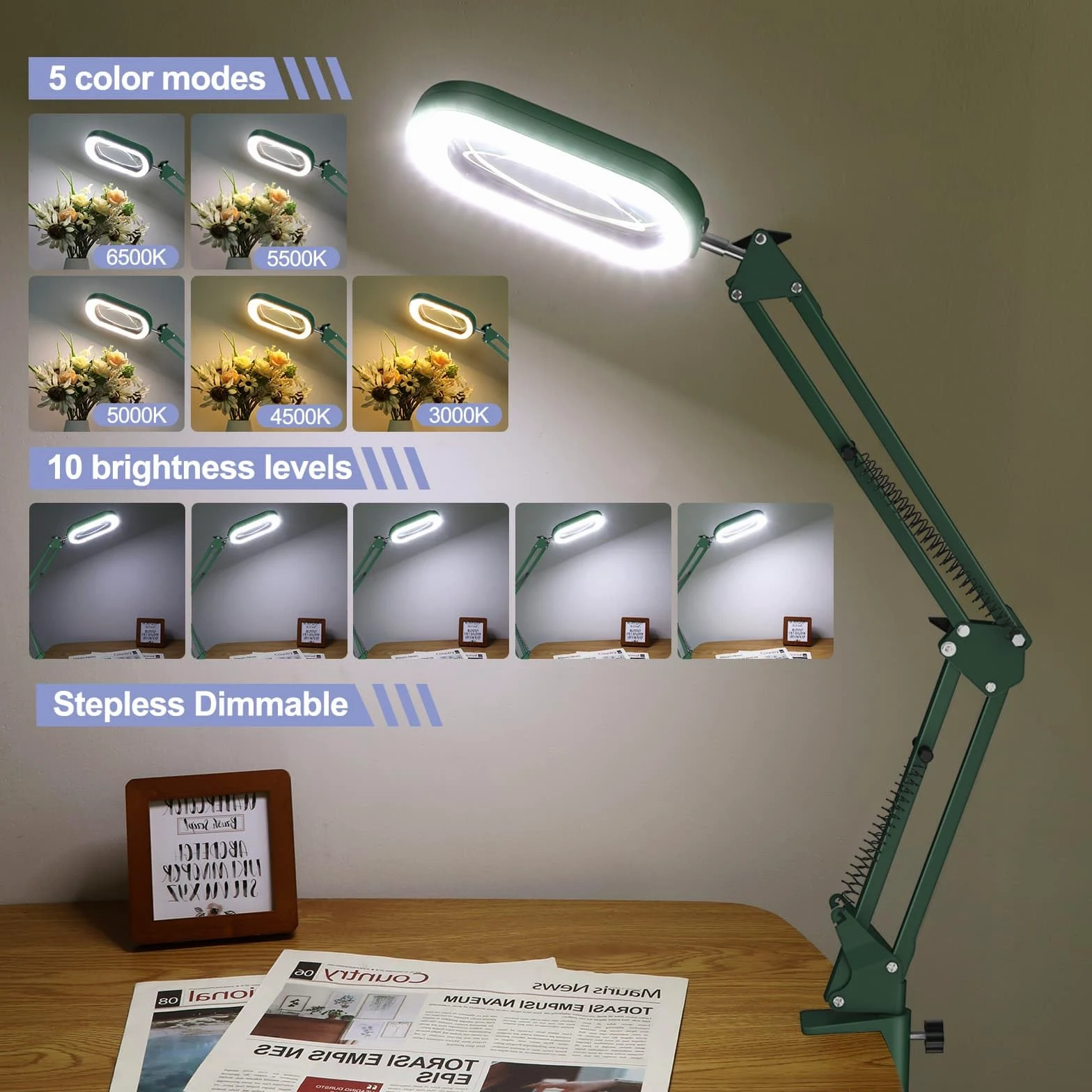 Lupa cuadrada de 10 aumentos con luz y abrazadera, lupa y soporte de cristal real, 5 modos de color regulable, lámpara de escritorio manos libres con abrazadera para leer, manualidades, pasatiempos