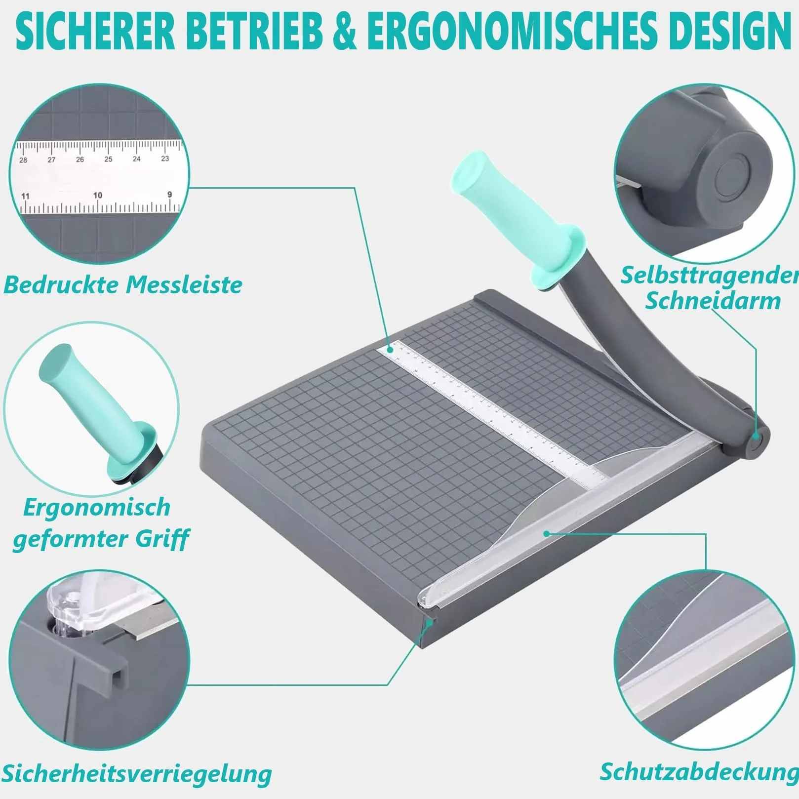 Guillotina de Papel Manual con Protección de Seguridad y Bloqueo de Cuchilla, Cizalla Papel A4 B5 A5 B6 B7, Cortador de Papel Profesional Capacidad 16 Hojas, Perfecto para Fotos, Papel, Tarjeta, Gris