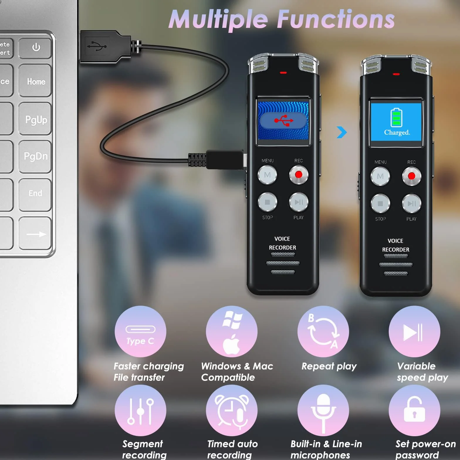 EVISTR Grabadora de Voz Digital 64GB con Activación por Voz y Reproducción MP3