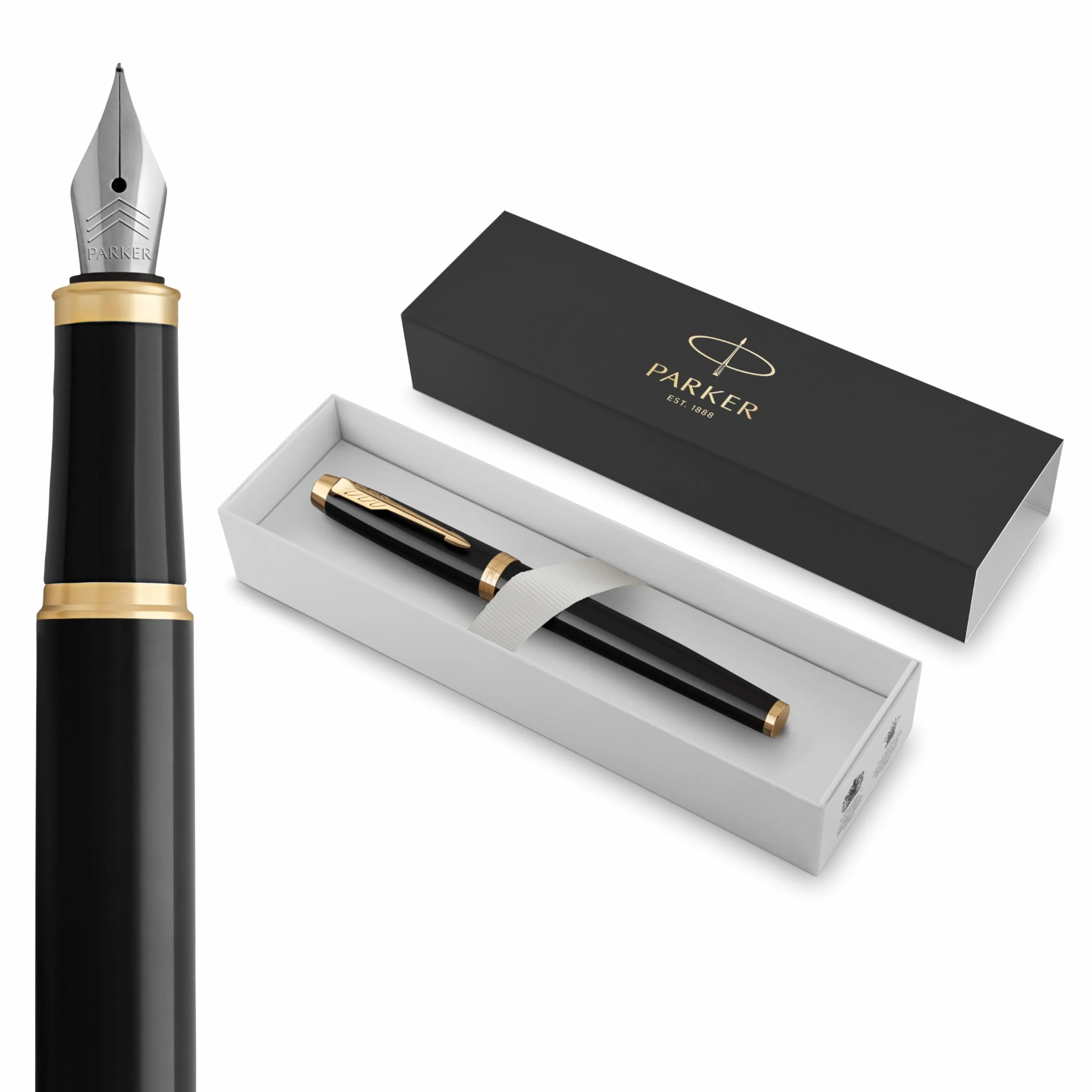 Parker IM pluma estilográfica | lacada en negro con adorno dorado | plumín fino y recambio de tinta azul | en estuche de regalo