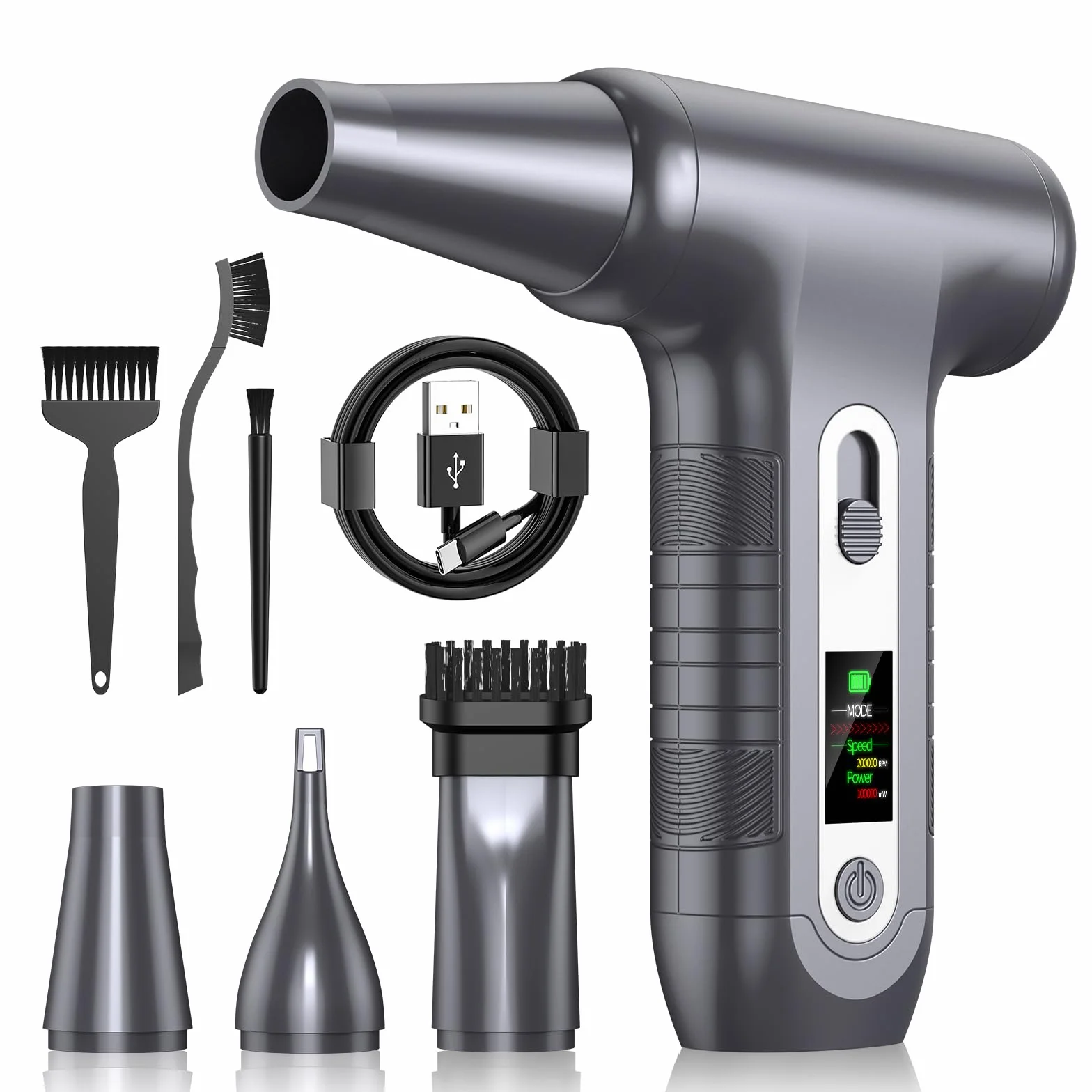 Soplador de Aire Potente con Pantalla Digital HD - Air Duster 200000 RPM con Luz LED, Batería 6000 mAh, Aire Comprimido Limpieza PC, Coche, Oficina, Sustituto de Spray Aire Comprimido, W06-Plata
