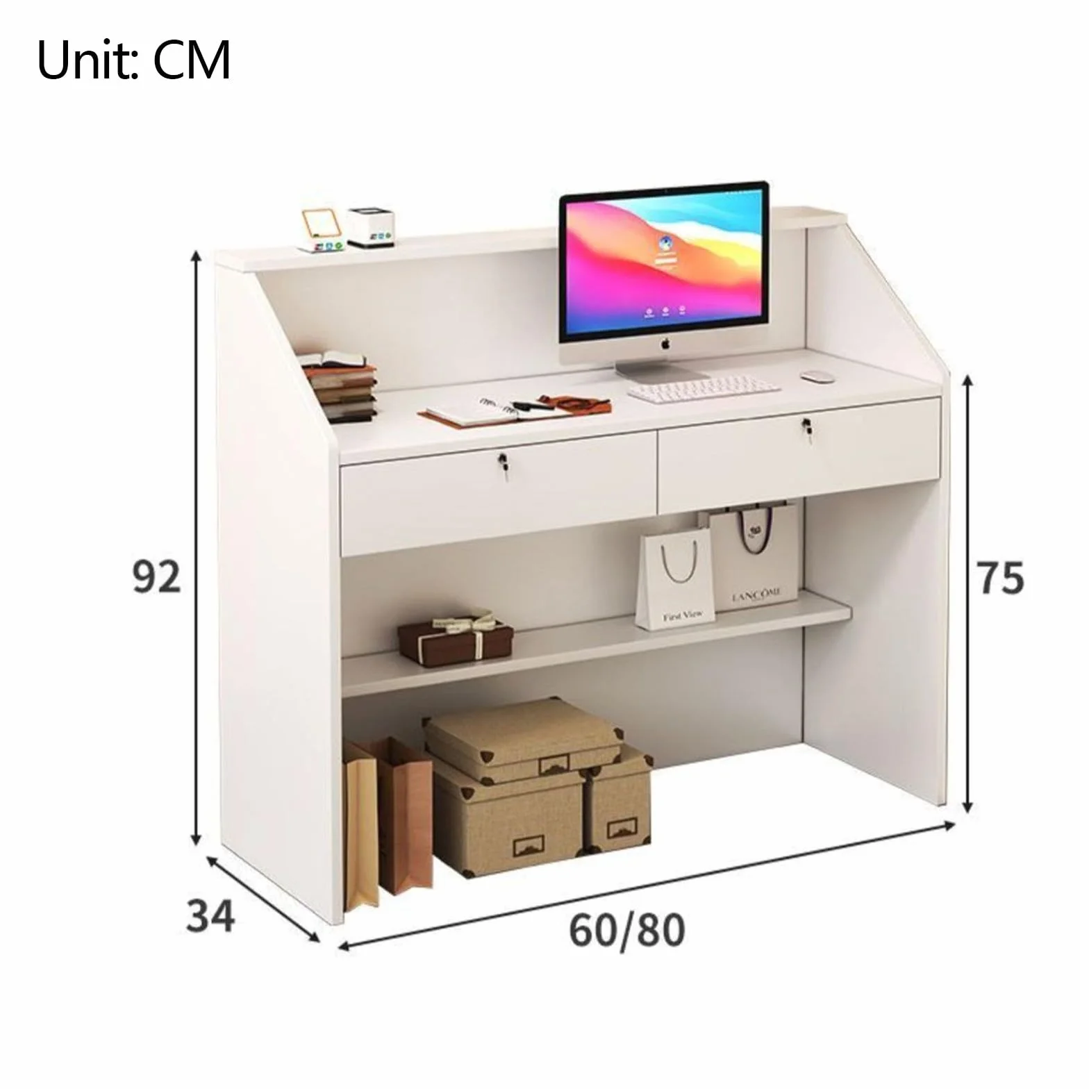 Mostrador de recepción moderno con cajones 60x34x92cm blanco para tienda minorista