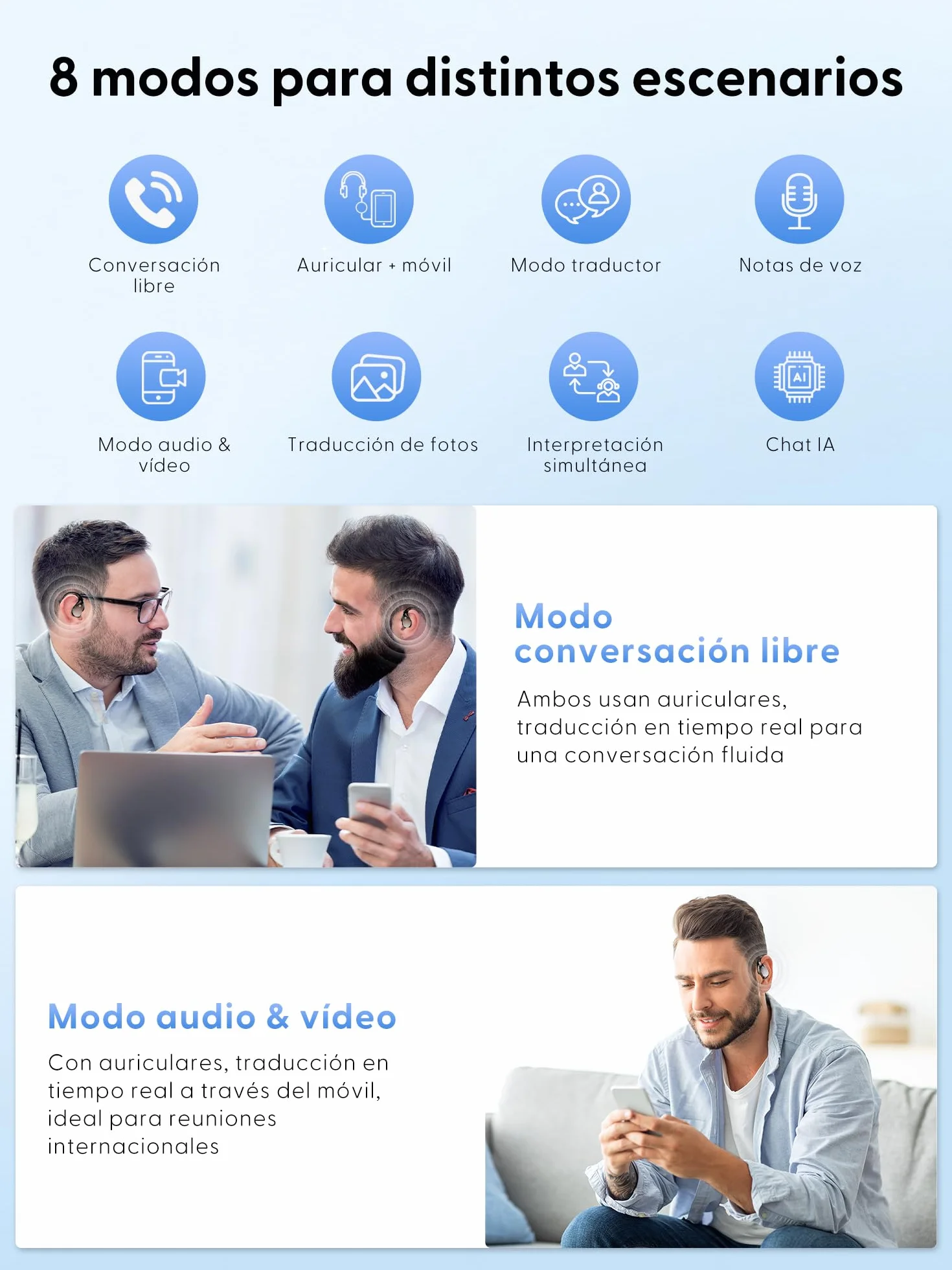 AI Auriculares Traductor en Tiempo Real: 164 Idiomas Traductor Instantáneo 3 en 1 - Bluetooth 6.0 Audífonos Traductores 40h Batería - 6 Modos de TraduccióN para Viajes Negocios Aprendizaje Reuniones
