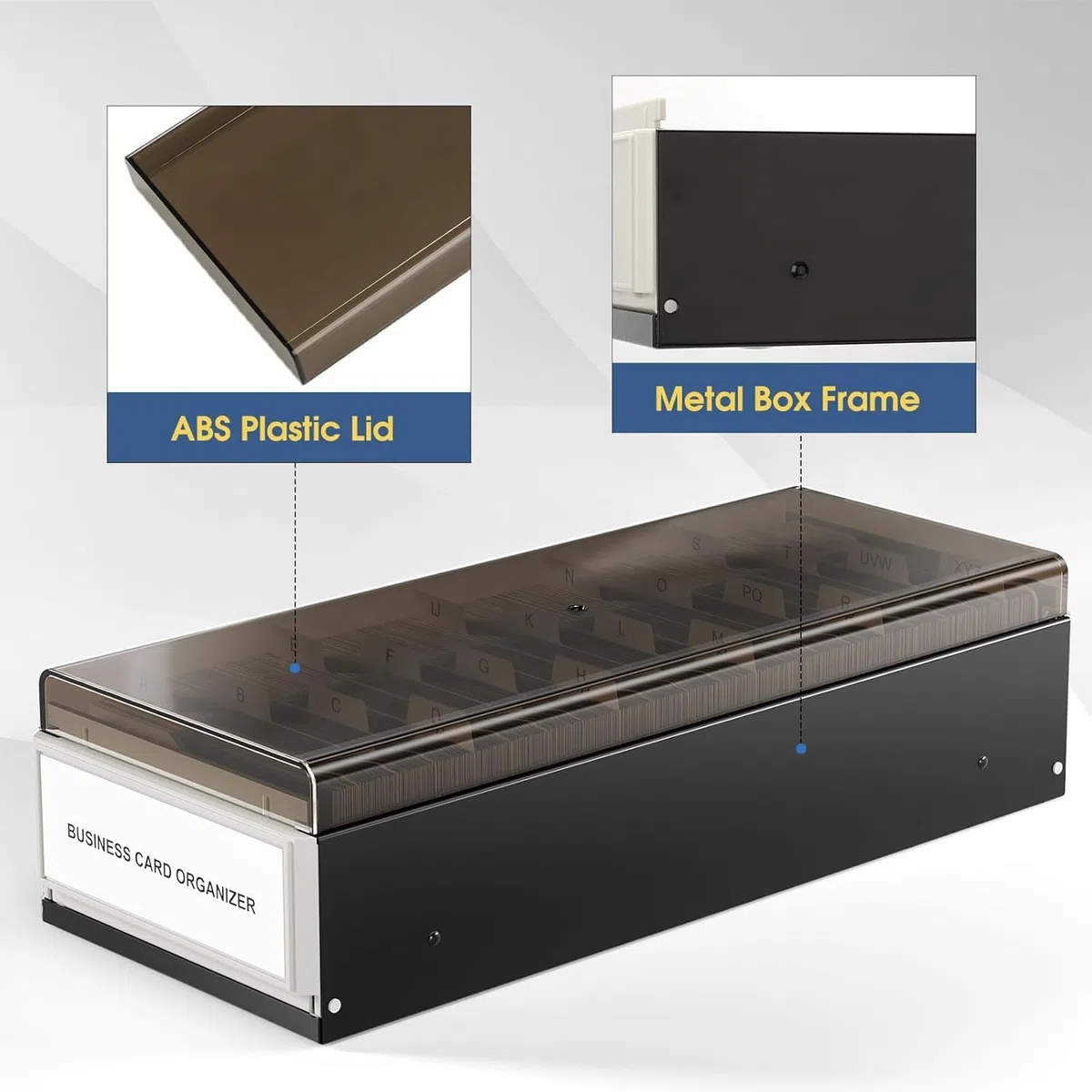 Portatarjetas de Visita, Almacenamiento de hasta 800 Tarjetas Caja de Tarjetas de Visita Extensible de Metal Y Plástico con Tapa Transparente(Negro)
