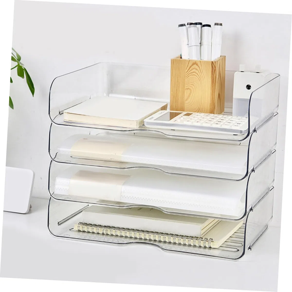 HOMSFOU Bandeja Organizadora de Papel de Escritorio Apilable 4 Uds Pet | Organizador de Papeleo para Oficina y Hogar, Diseño Elegante, Uso del Espacio