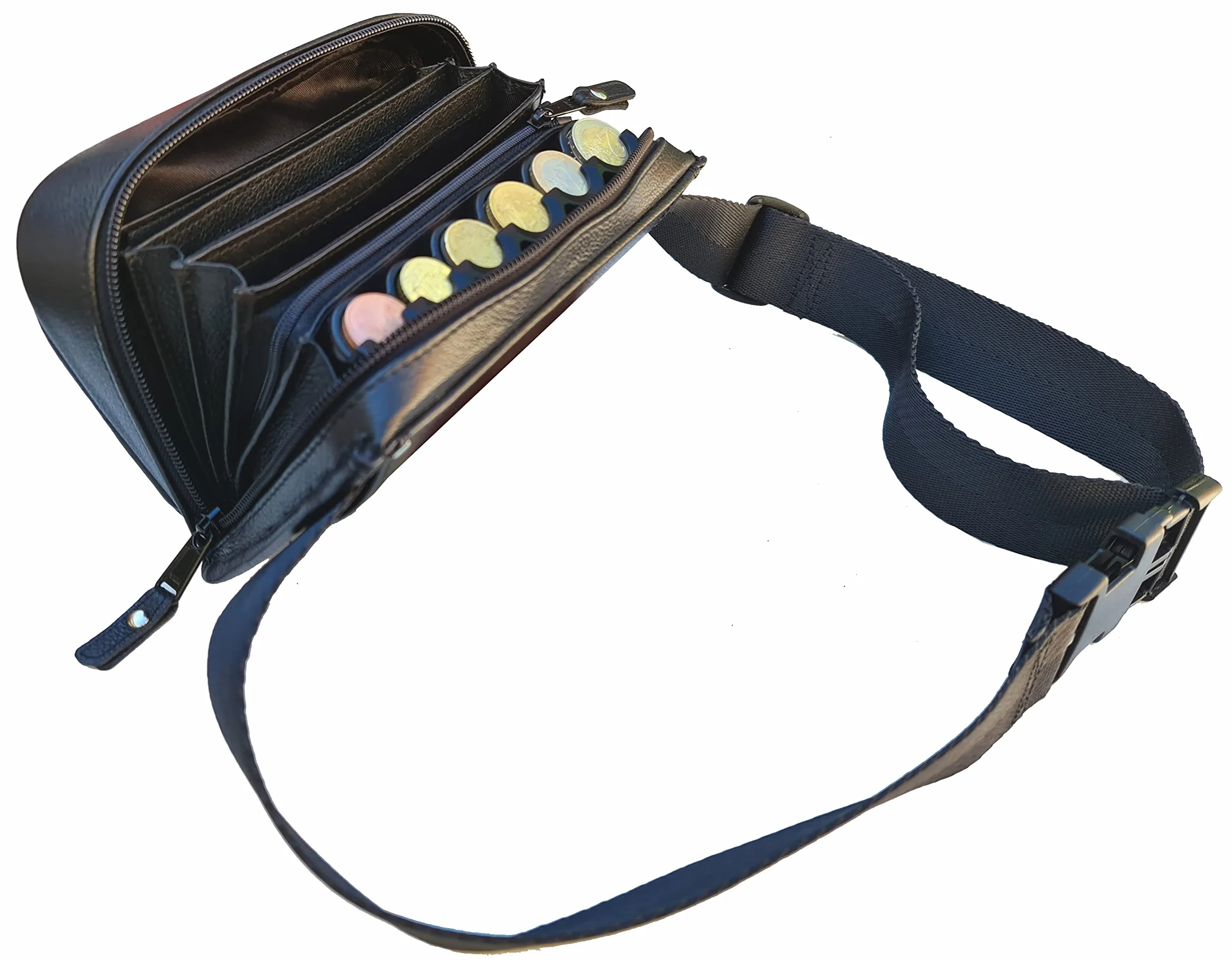 Riñonera Cartera Camarera Cuero Genuino Cremallera YKK Dispensador 6 Monedas