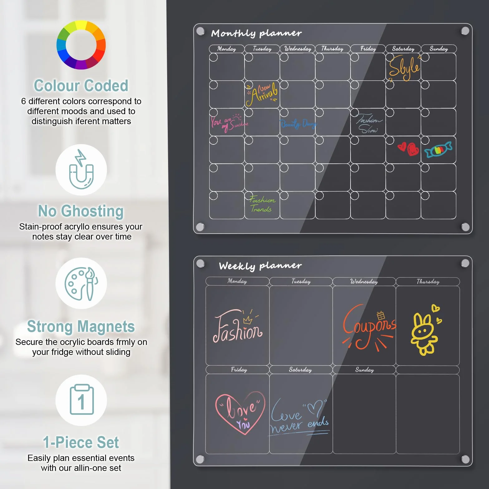 Calendario Magnetico Nevera Transparente,1 lote de 2 Borrable Pizarras Magnetica Nevera para Organizar, planificar menús y hacer la lista de la compra