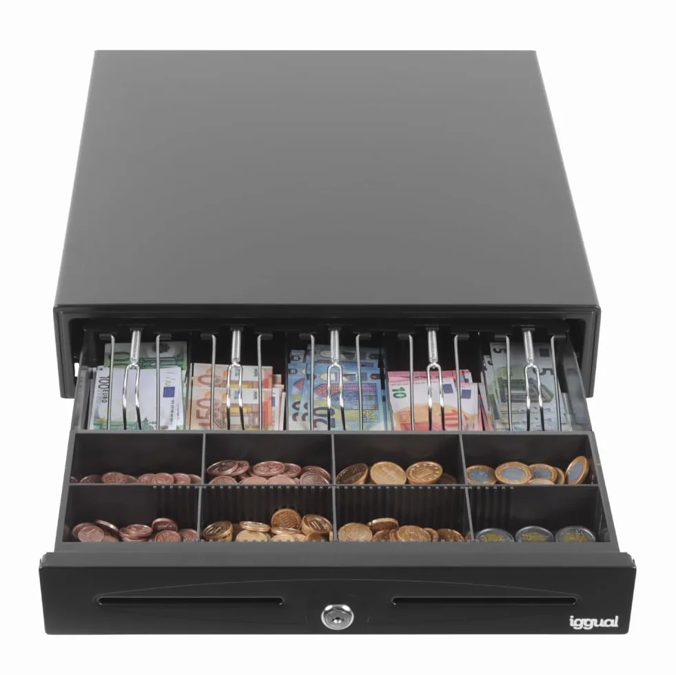iggual - Cajón Portamonedas IRON-70 -Caja Efectivo Registradora Manual o Automática para 5 Billetes y 8 Moneda -Cerradura 3 Posiciones -Material Acero+Plástico -Uso profesional -Negro (44,5x42,5x 9)