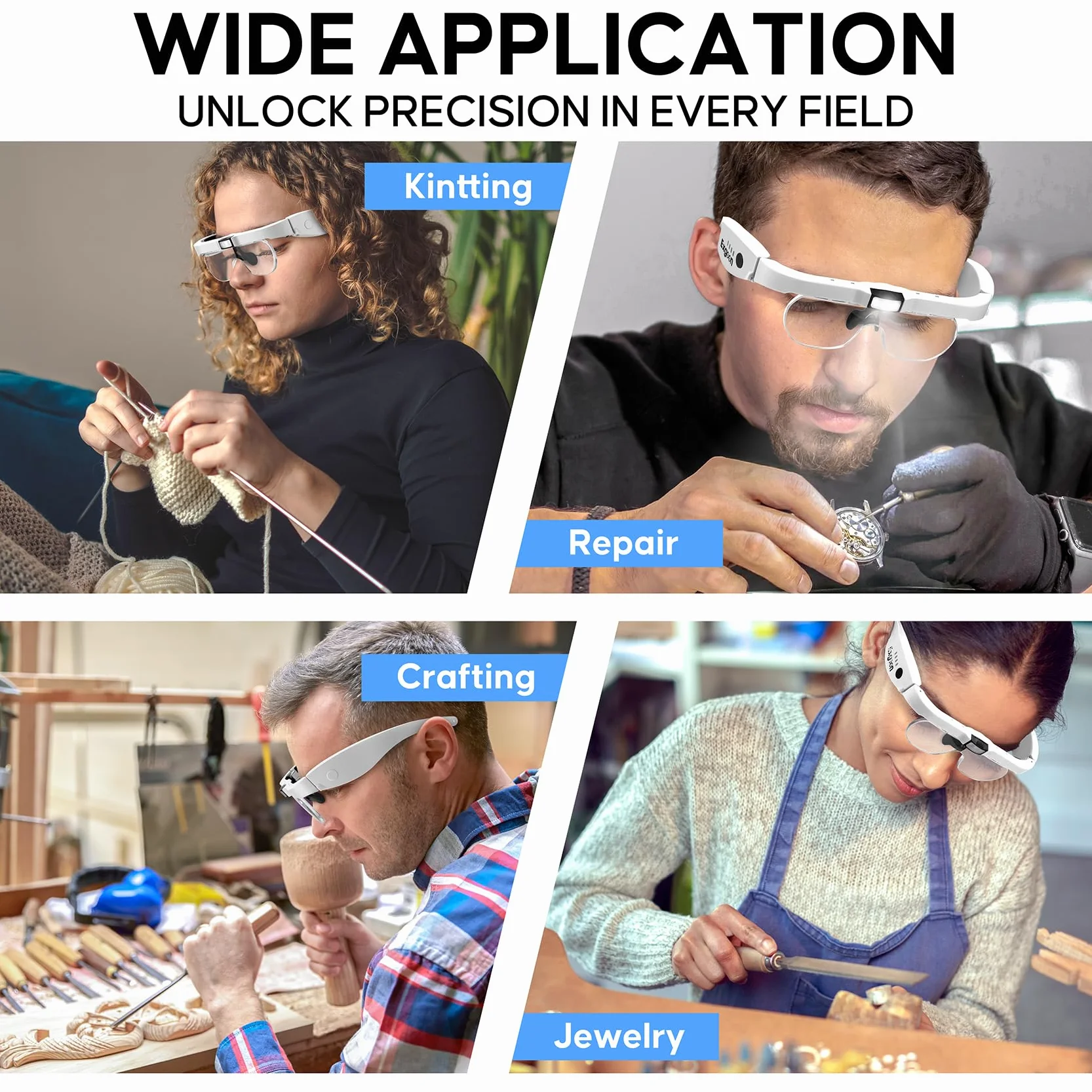 Gafas Lupa con luz led, Aumento de 1.5X a 5X con 4 Lentes reemplazables, Lupa Recargable Manos Libres con luz para Manualidades, Pintura de Diamantes y joyería (Blanco)