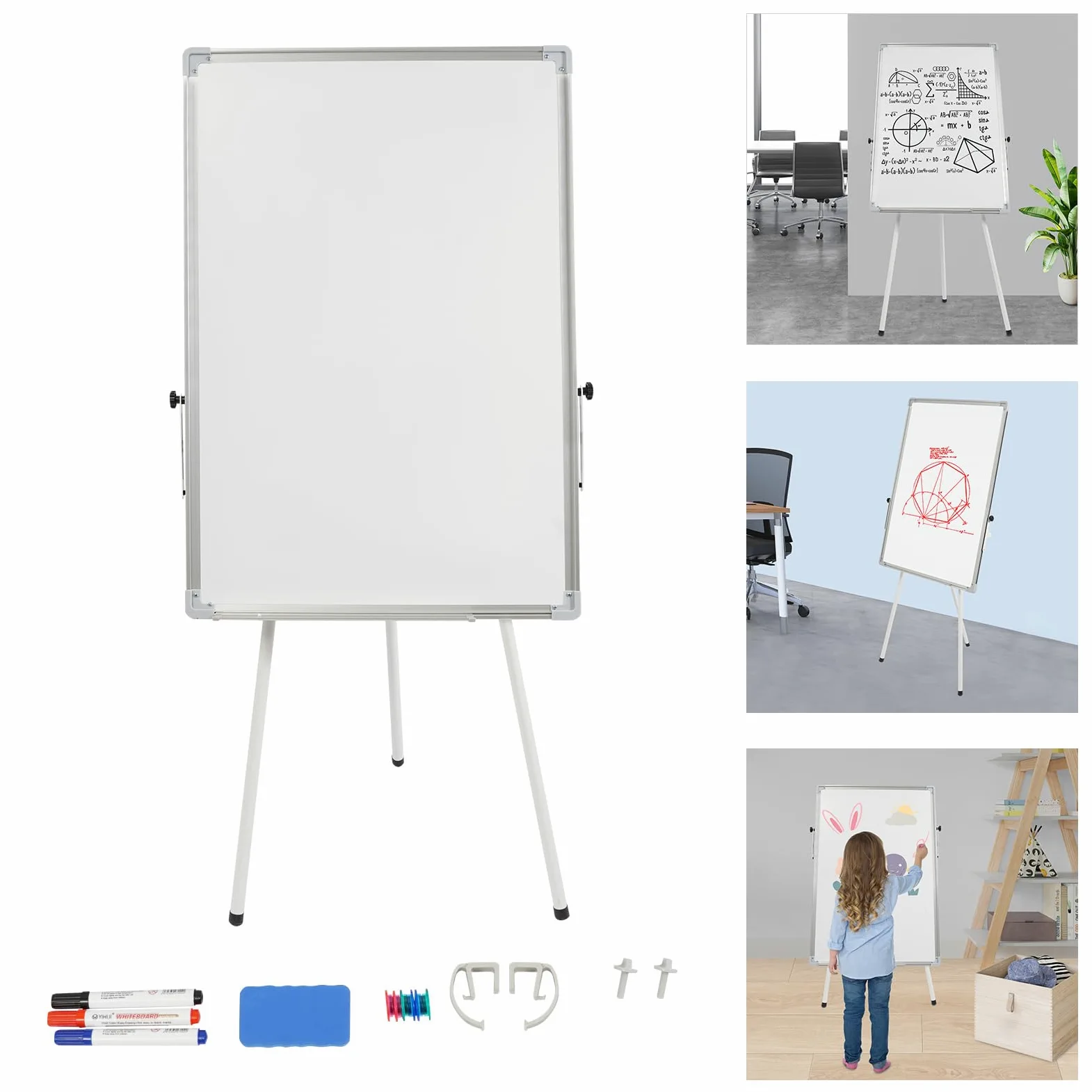 Pizarra blanca con soporte, 61 x 92 cm, magnética, portátil, borrable en seco, altura regulable, trípode con 3 bolígrafos, 1 goma de borrar, 6 imanes autoadhesivos