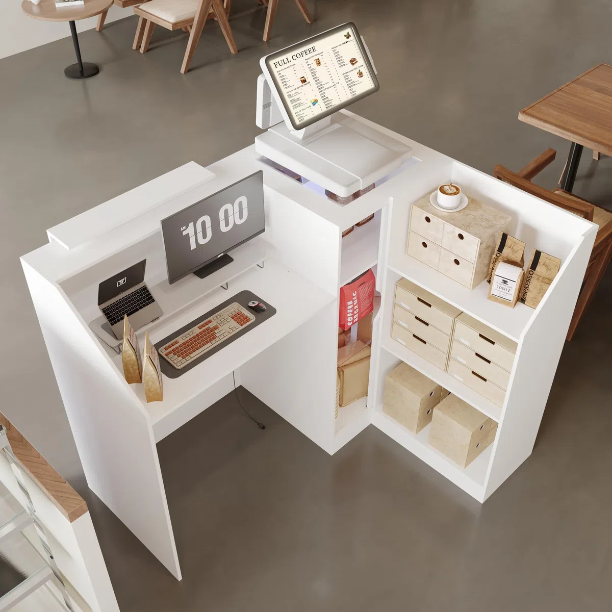 Caldion Moderno mostrador de recepción con iluminación LED, con cajón de tatuaje, mostrador de recepción de cristal templado, mesa de recepción en forma de L, color blanco, 120 x 100 x 103 cm